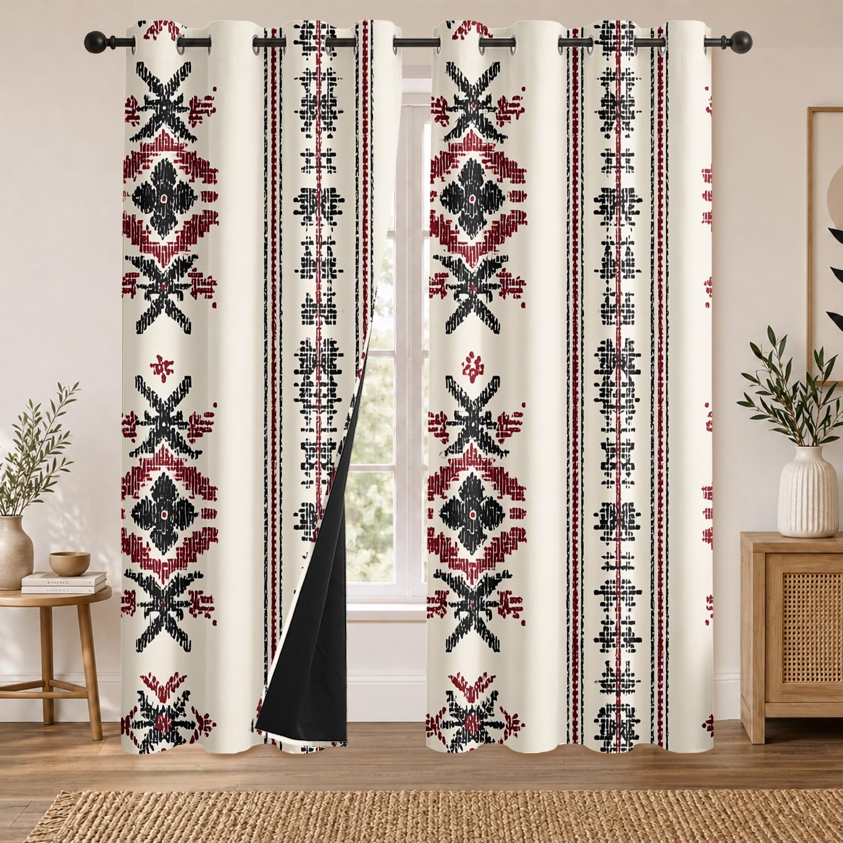 Ethno Geometrisch Vorhäng Gardinen mit Ösen, Thermo Vorhänge Blickdicht Gardinen für Schlafzimmer Wohnzimmer 2er Set, H 160 x B 140 cm