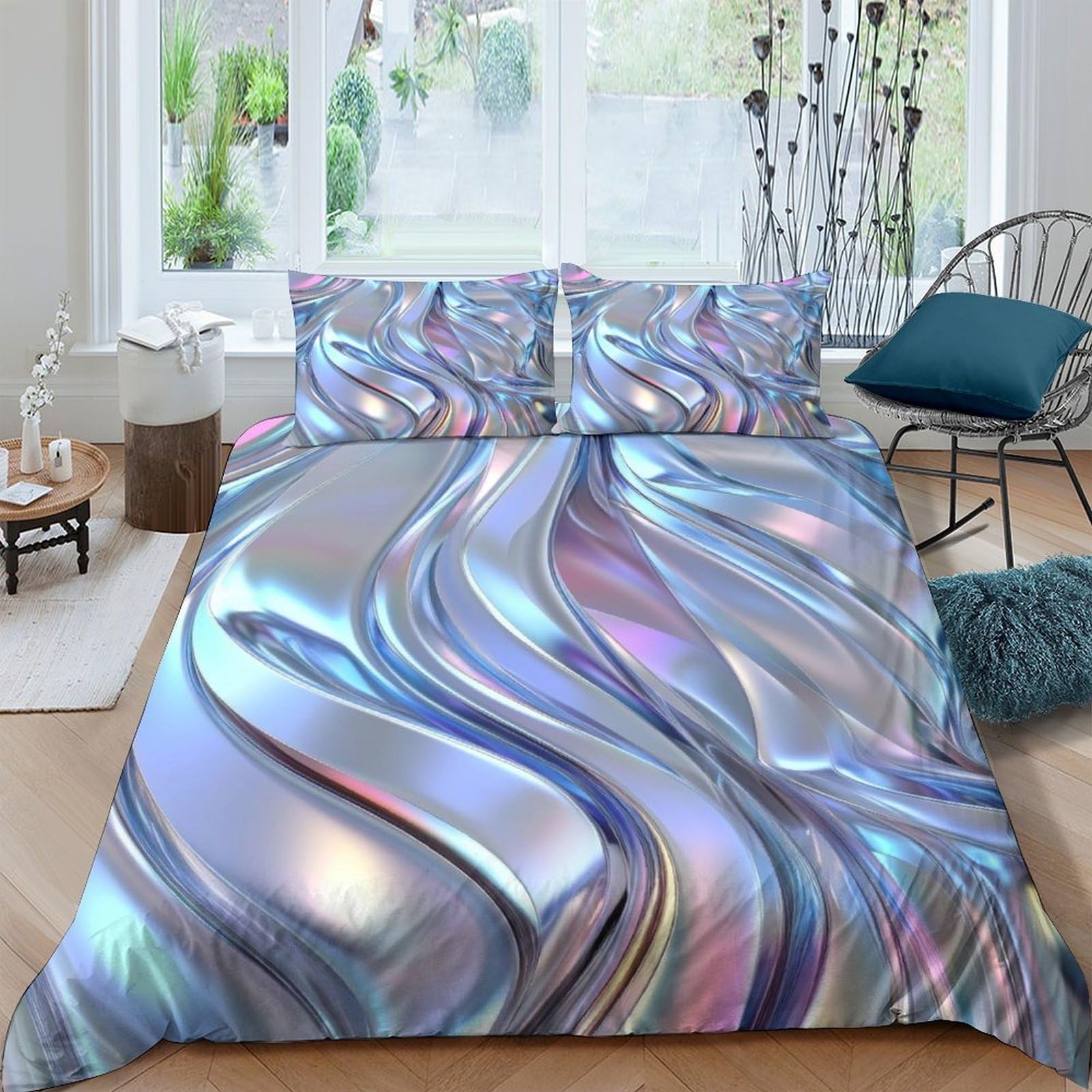 Ctjqhvkz Style-3 3D Printed Iridescent Wave Pattern Fitted Sheet Microfiber Soft Shiny Swirl Bed Cover For Bedroom Guestroom Decor Single（135X200cm）