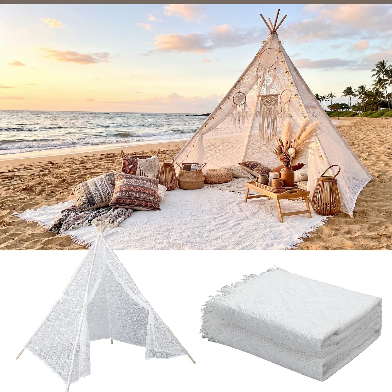 Huge Teepee Tent 71'' x 75'' with Extra Large Boho Picnic Blanket 91'' x 72'', Outdoor Lace Teepee Play Tent with Foldable Poles for Indoor Outdoor Party Wedding Picnic