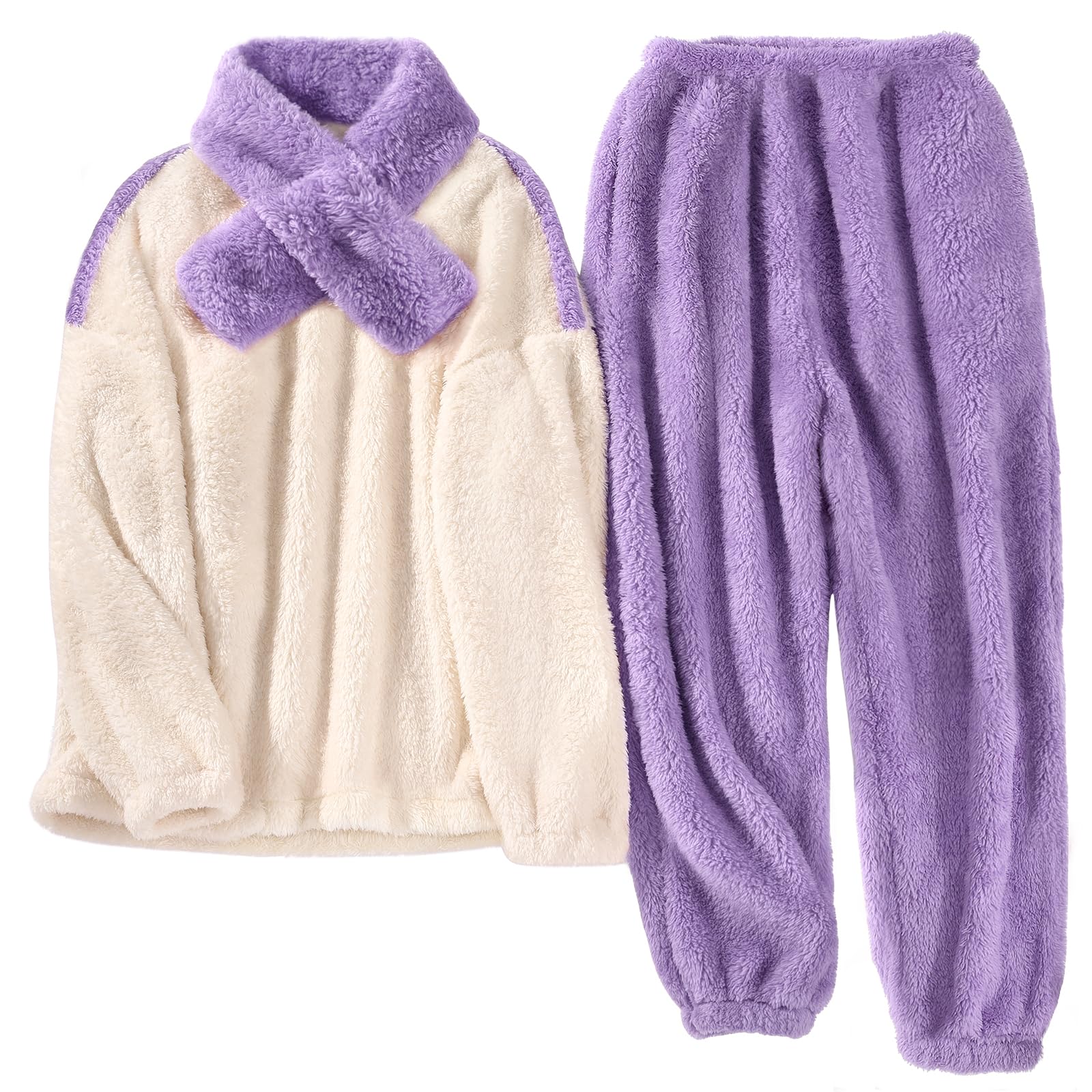TOMEEK Pigiama da Donna Completo Invernale in Morbido Pile Polare Completo per Il Tempo Libero con Top a Maniche Lunghe Pantaloni e Sciarpa Pigiama Accogliente Pjs da Donna