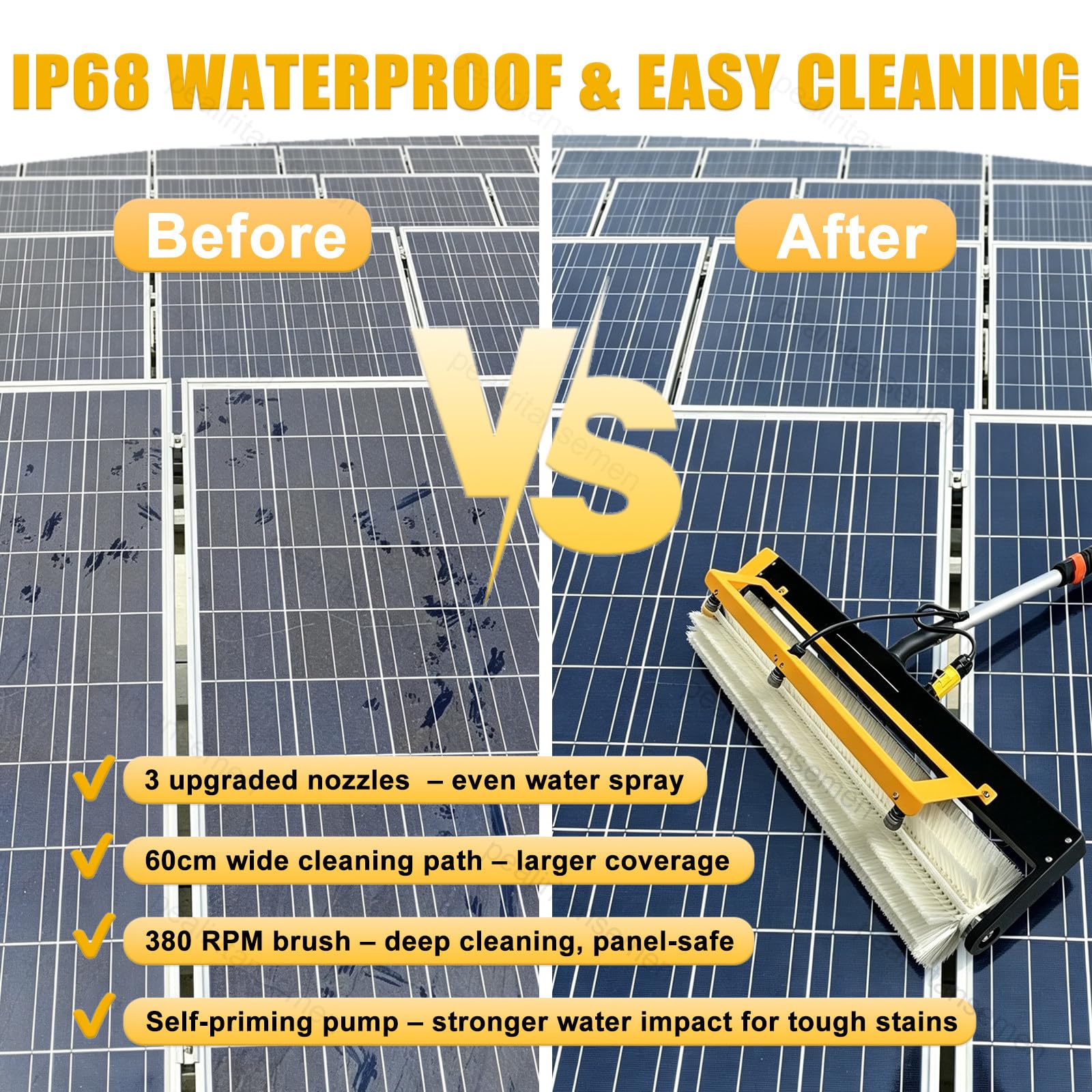 Cepillo eléctrico para limpieza de paneles solares, cepillo giratorio de 380 rpm, modo húmedo y seco con mango con suministro de agua para paneles fotovoltaicos, techos de caravanas, ventanas exterio