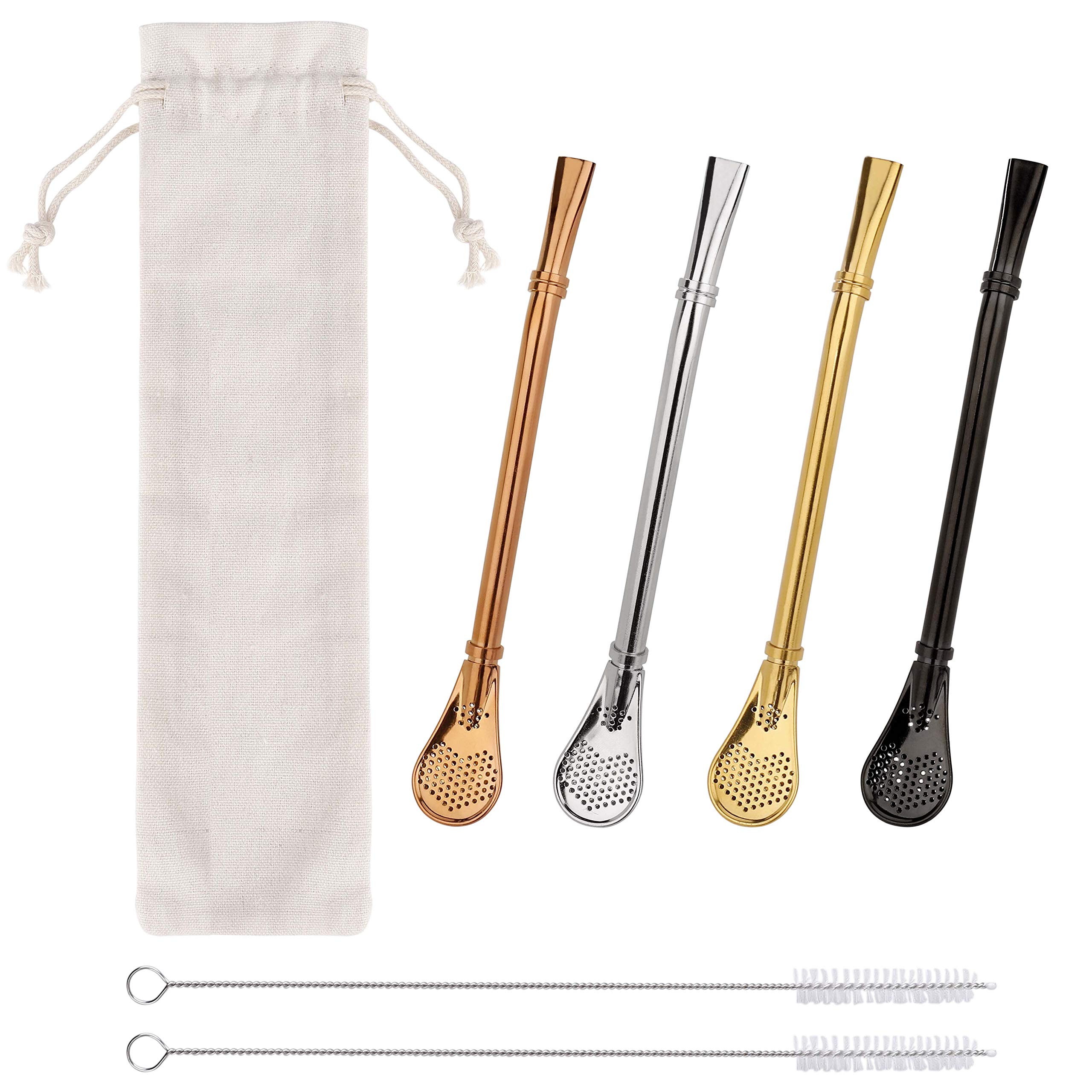 Stainless Steel Straws Filter Spoon Reusable Drinking Stirring Straw Spoons for Filter Sediment, Loose Leaf Tea and Stirring Coffee, Cocktail, Smoothie with 2 Cleaning Brushes 4 Pieces (4 Colors)