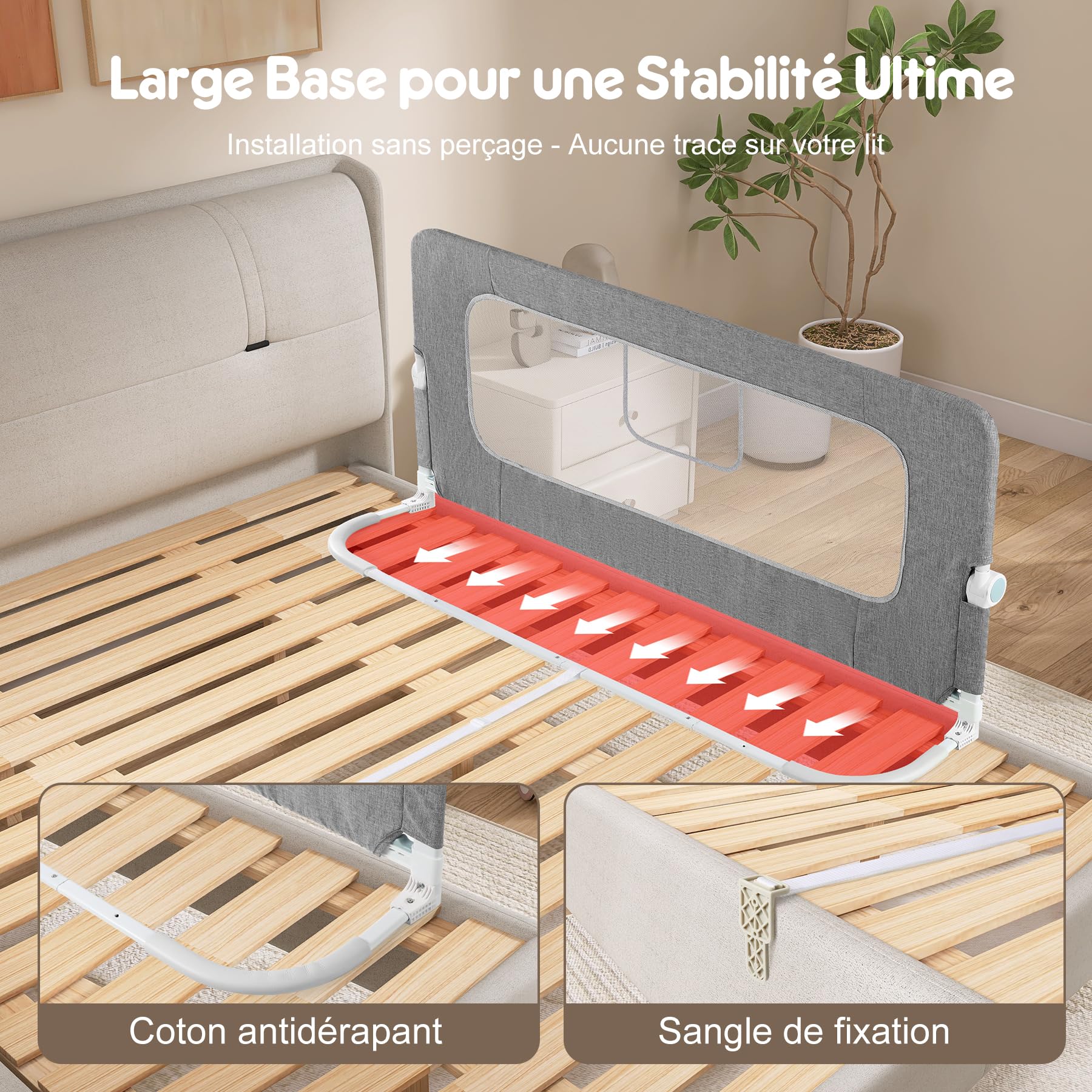 Barrière de Lit Enfant 150 cm Repliable, Cadre Large Anti-Collision pour Tous Types de Lits