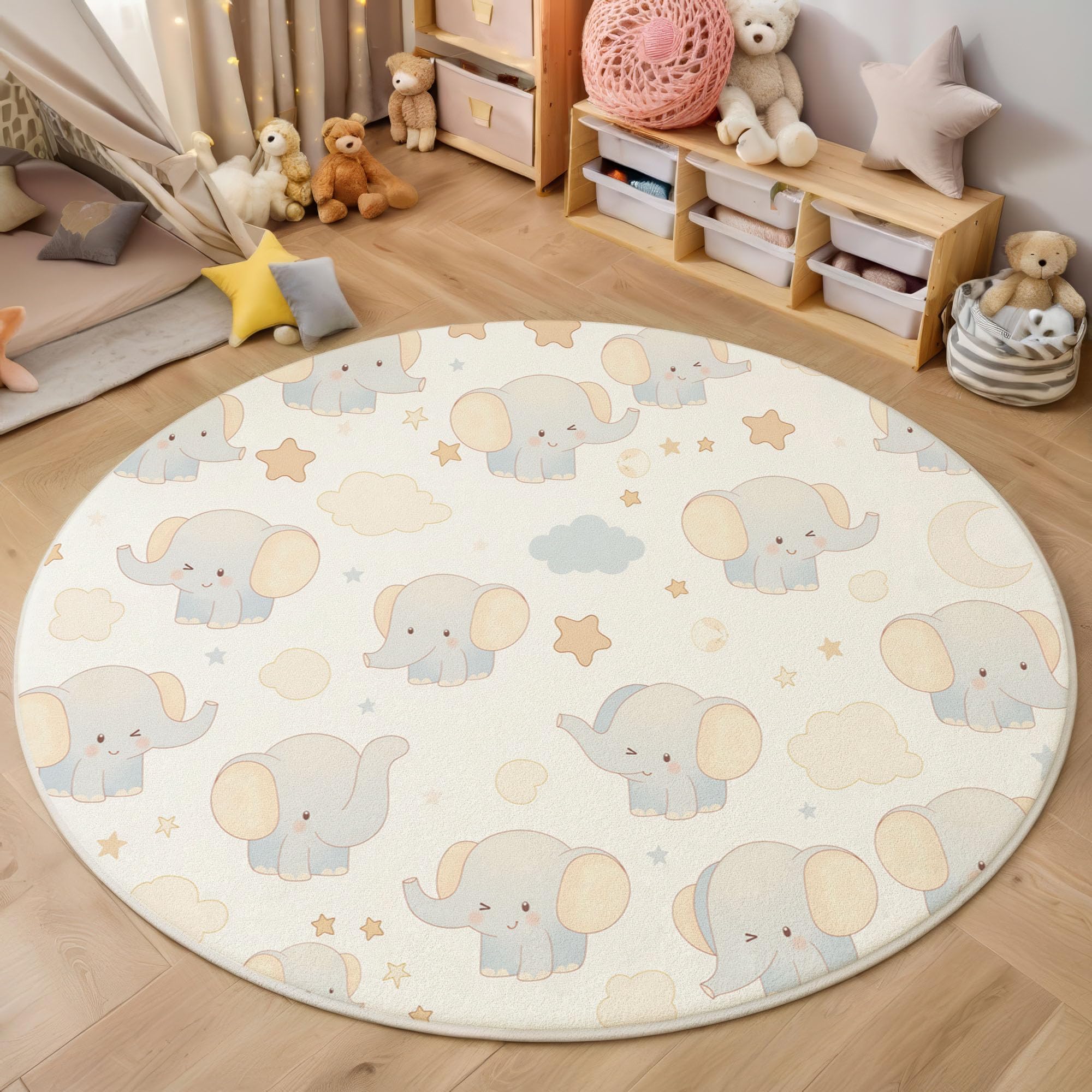 Tapis Salon Rond Diamètre 180cm, Style Dessin animé Petit éléphant, étoile et Lune, Tapis Doux Antidérapant pour Décoration Salle à Manger Chambre Canapé Cuisine Chambre d'enfant, Bleu Clair