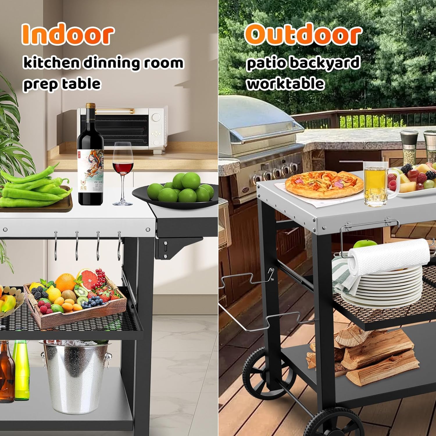 Denmay Table de barbecue en acier inoxydable 116 x 54 cm, 3 étages, support de four à pizza, table extérieure, chariot de travail avec 4 crochets, chariot de service