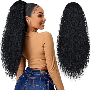 Long Curly Drawstring Ponytail for Women 26" Black Curly Ponytail Hair Extension Synthetic Clips in Drawstring Ponytail for Daily Use (Natural Black)
