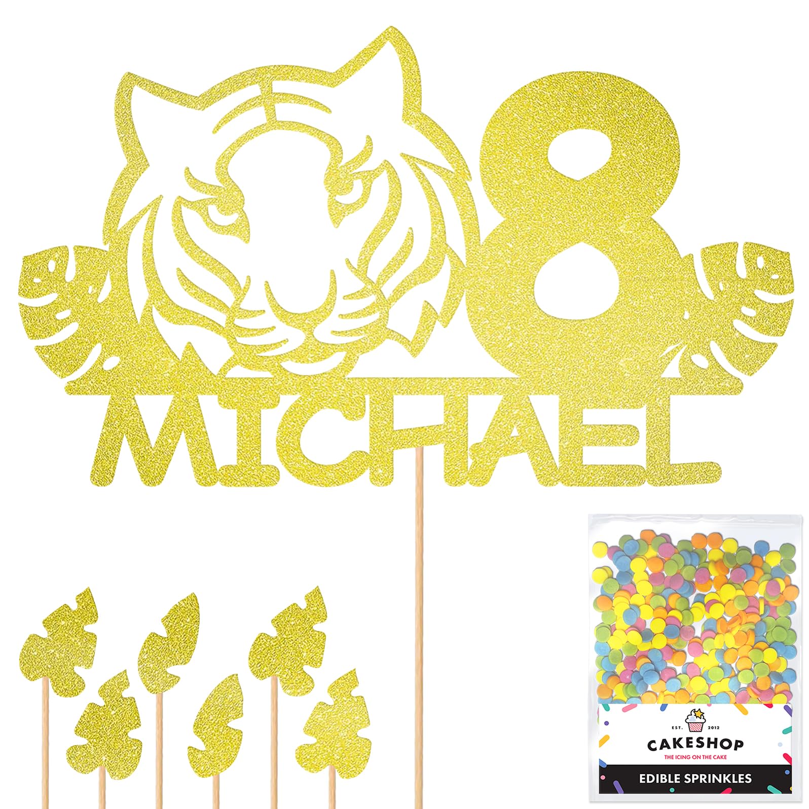 Personalised Birthday Jungle Tiger Glitter Cake Topper Champagne Any Custom Age & Name Glitter Cake Decoration and Sprinkles - Happy Birthday Decorations - Personalised Toppers for Cakes by Cakeshop — image 1