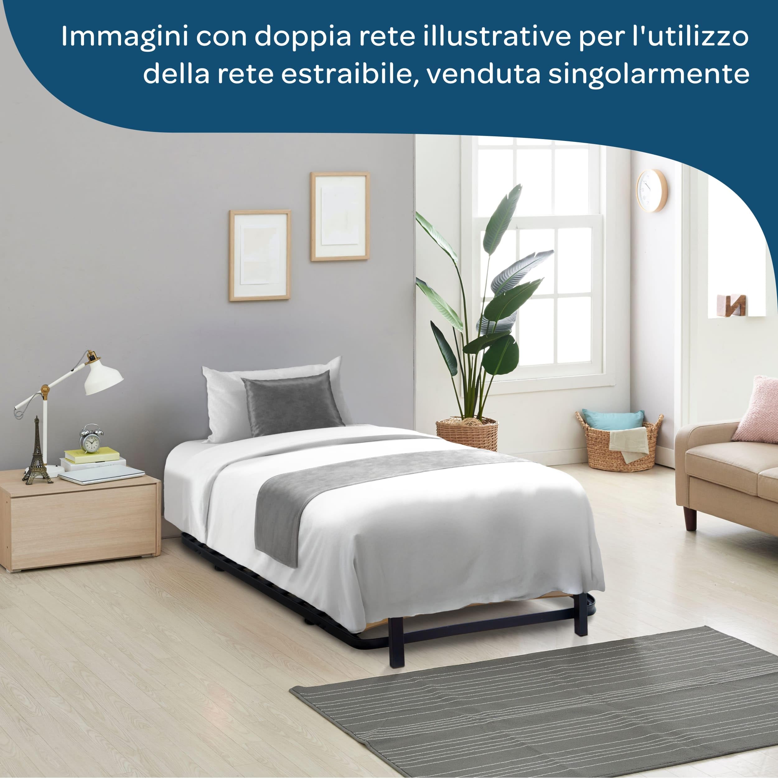 DOLCI SOGNI Letto a Scomparsa Singolo 80x190, Letto Estraibile con Struttura in Ferro, Letto Singolo Salvaspazio 100% Made in Italy, Rete Estraibile Sottoletto con Ruote per Ospiti