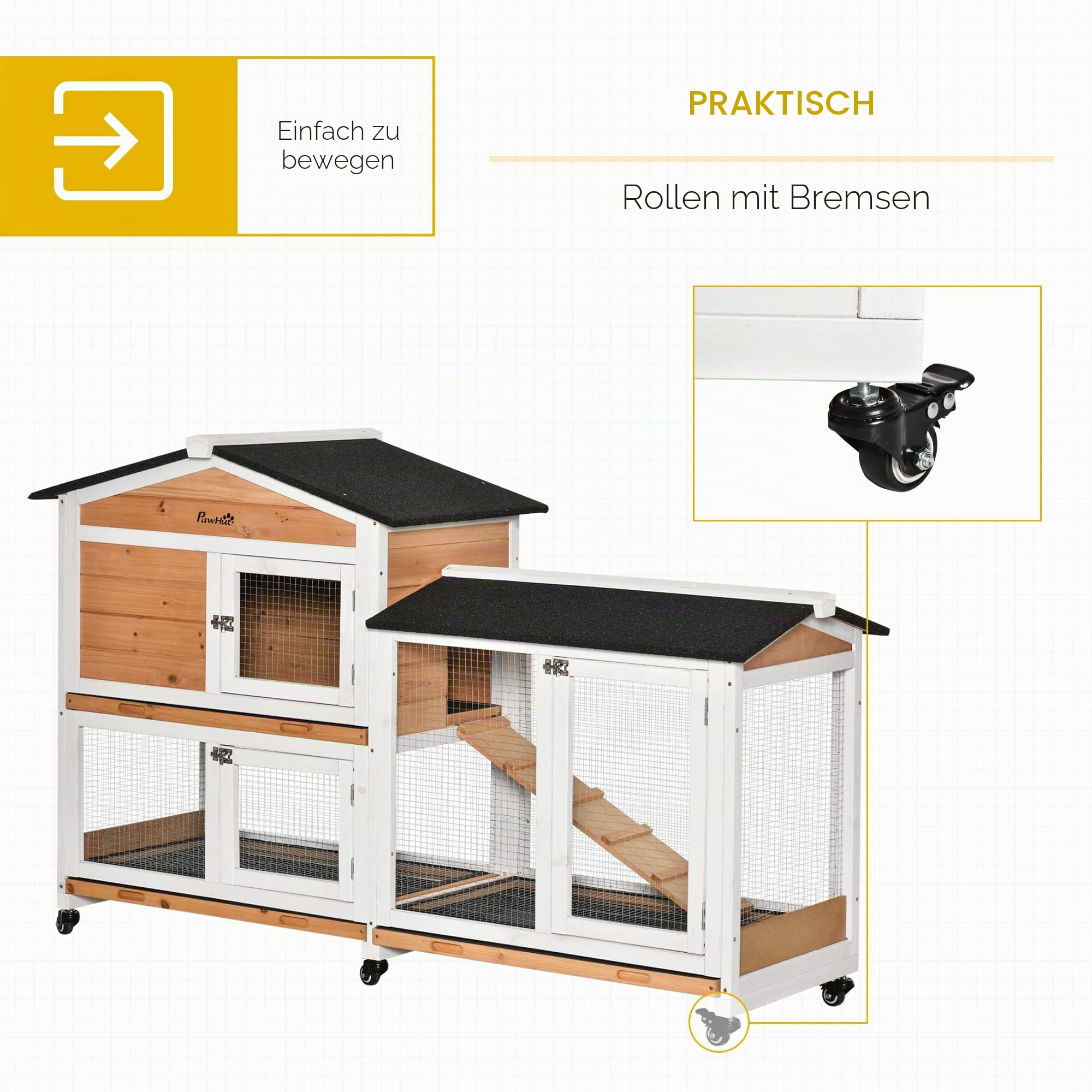 PawHut Kaninchenstall aus Holz für Kaninchen, Kleingehege, Tiere, Villa, für Kaninchen, auf Rollen, 2 Etagen, 3 verschiebbare Ablagen, 157,4 x 53 x 99,5 cm, Gelb