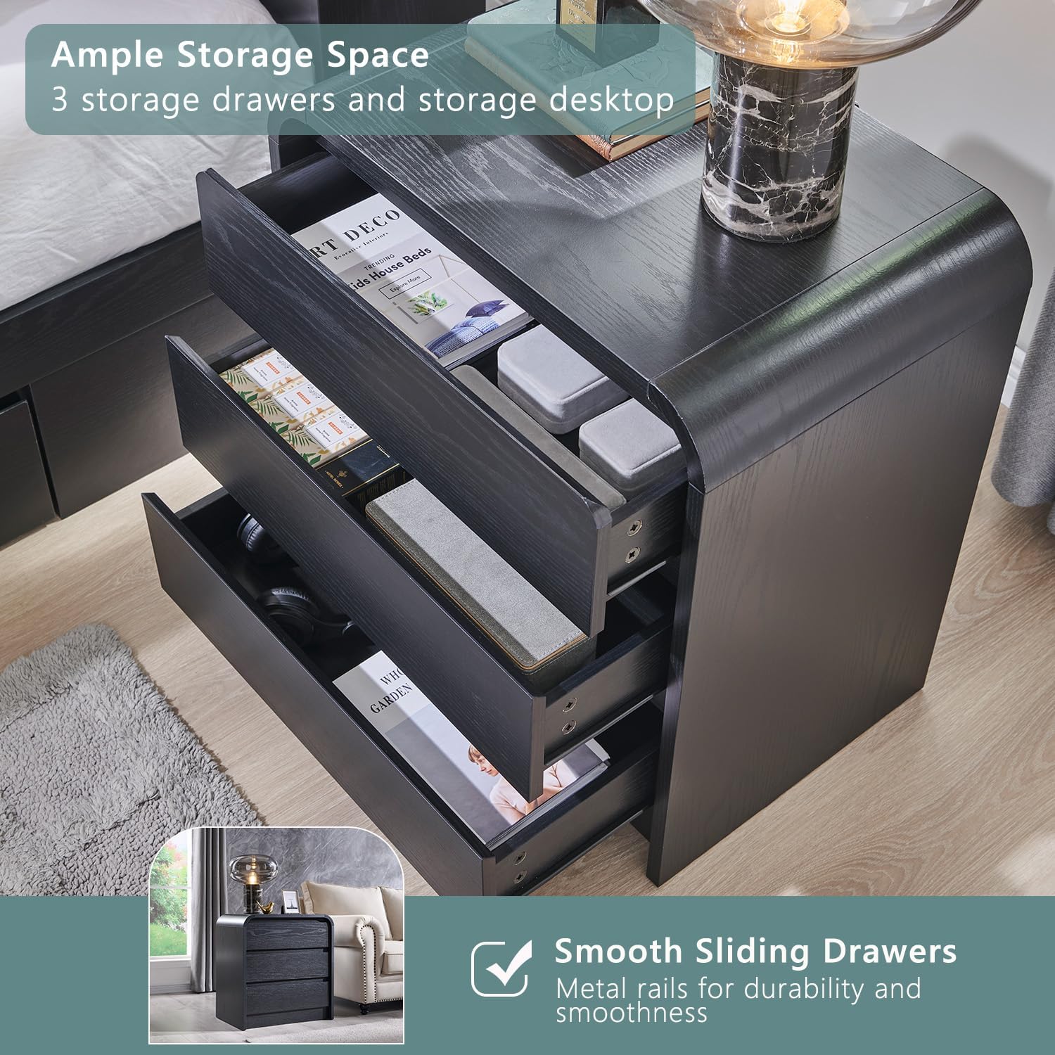 25" Tall Modern Nightstand with Charging Station, 23.6'' Wide Wood Bedside Table w/3 Storage Drawers, Small Dresser w/Curved Profile Design, End Table for Bedroom, Black