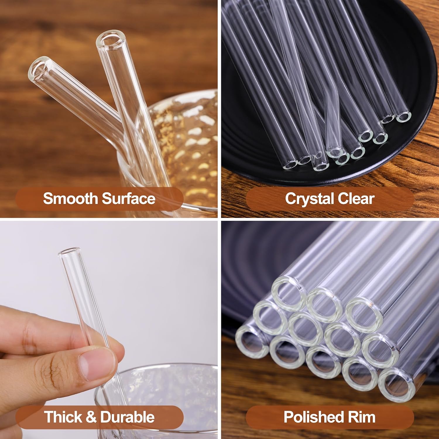12 Pack Reusable Glass Straw, 8.5" x 10MM Straight Clear Glass Drinking Straws for Hot & Cold Drinks, 2 Cleaning Brushes Included