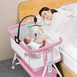 MEICHYUN Baby Bassinet, Baby Bassinet Bedside Sleeper with Musical Toy, All Mesh 7 Height Adjustable Bedside Crib with Storage Basket and Wheels (Grey)