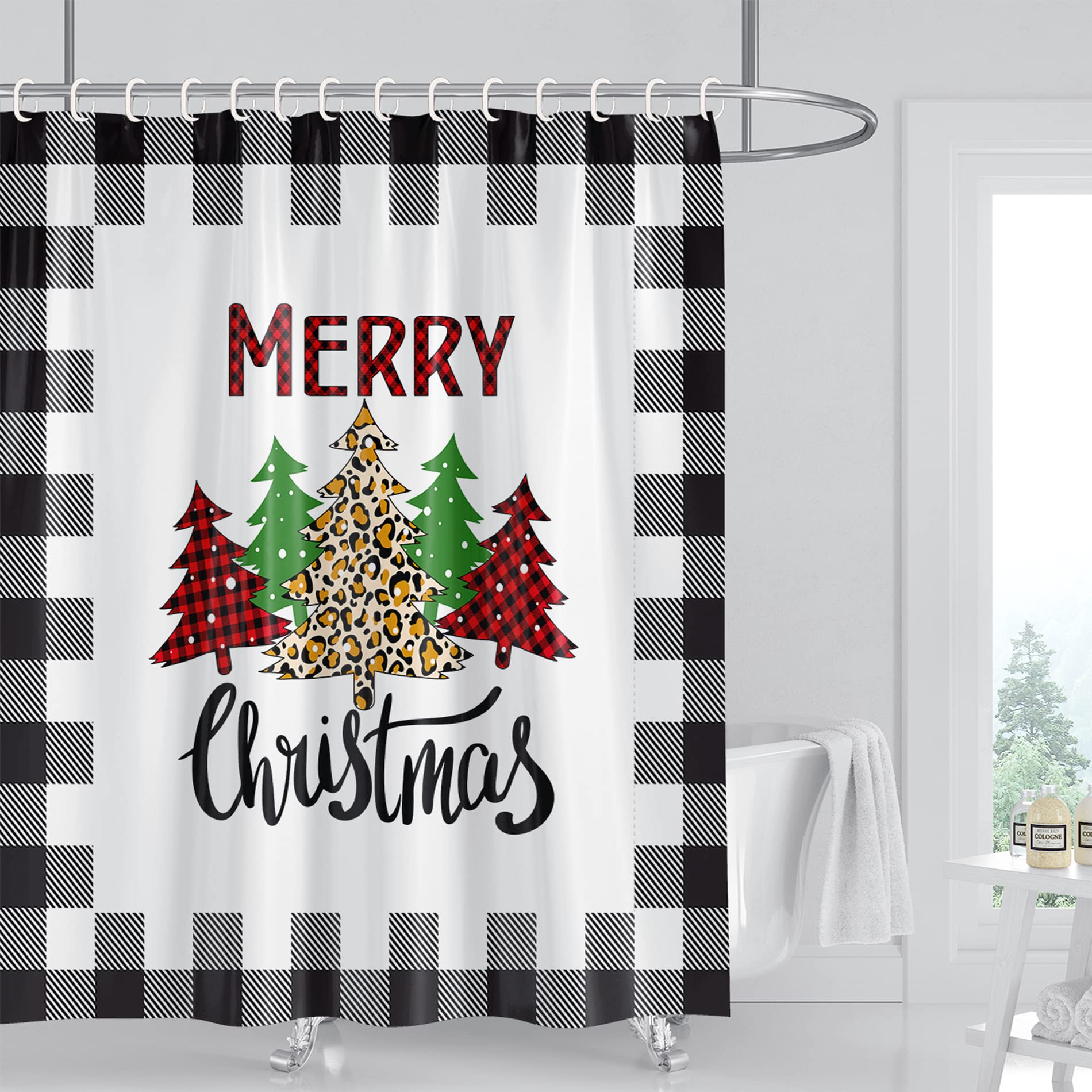 Rideau De Douche Noël - Motif écossais Et Sapins Joyeux - Imperméable 183x183 Cm Avec 12 Crochets