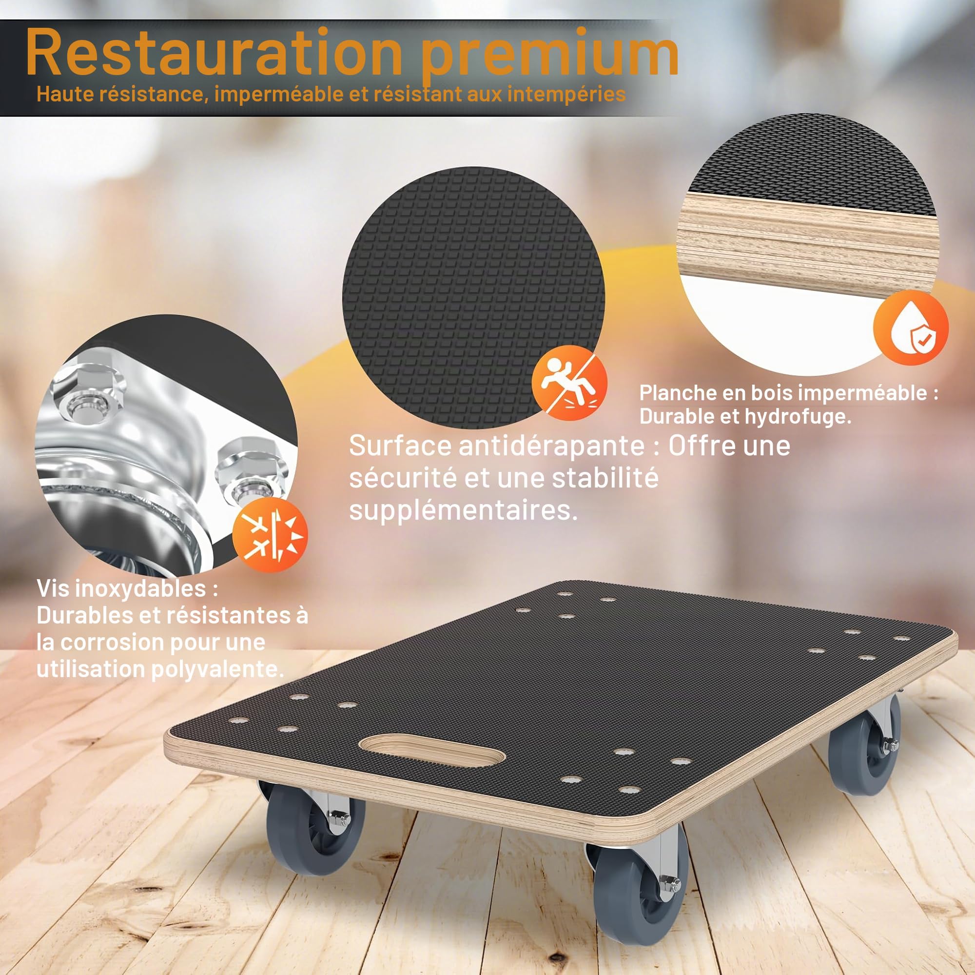 Aufun Lot de 2 roulettes de transport pour planche à roulettes 60 x 40 cm avec frein, roulettes pour meubles, transport avec aide au transport, transport de meubles jusqu'à 200 kg, robustes et sûrs