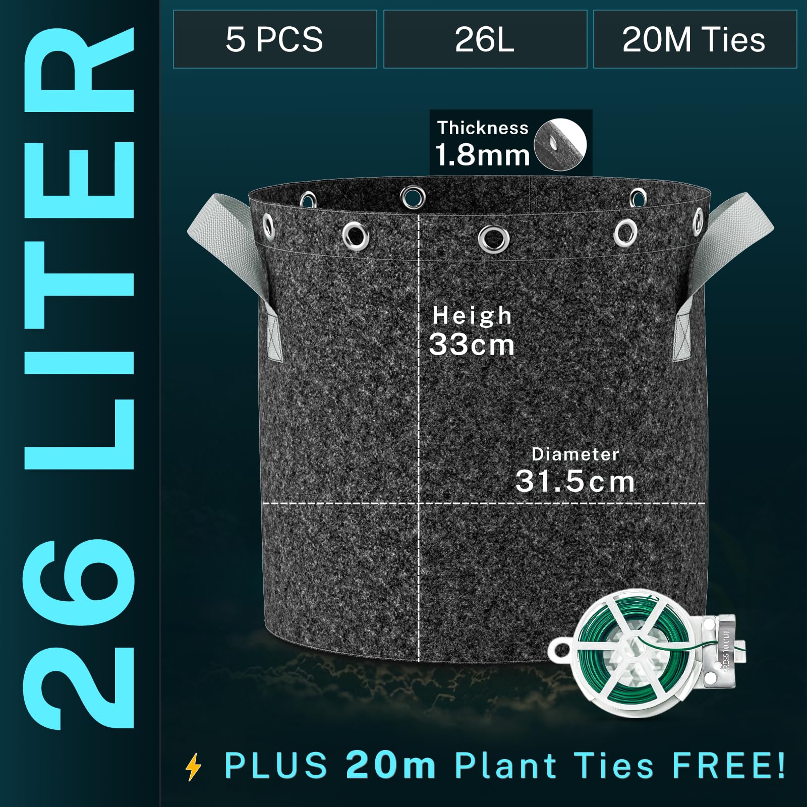 HG Power Sacco da Giardino 26L (25L + 4% Volume Extra), 5 Pezzi, Vaso in Tessuto con 20m di Filo per Piante, Ø33cm, Altezza 31,5cm – Tessuto Non Tessuto 350g/m², Resistente