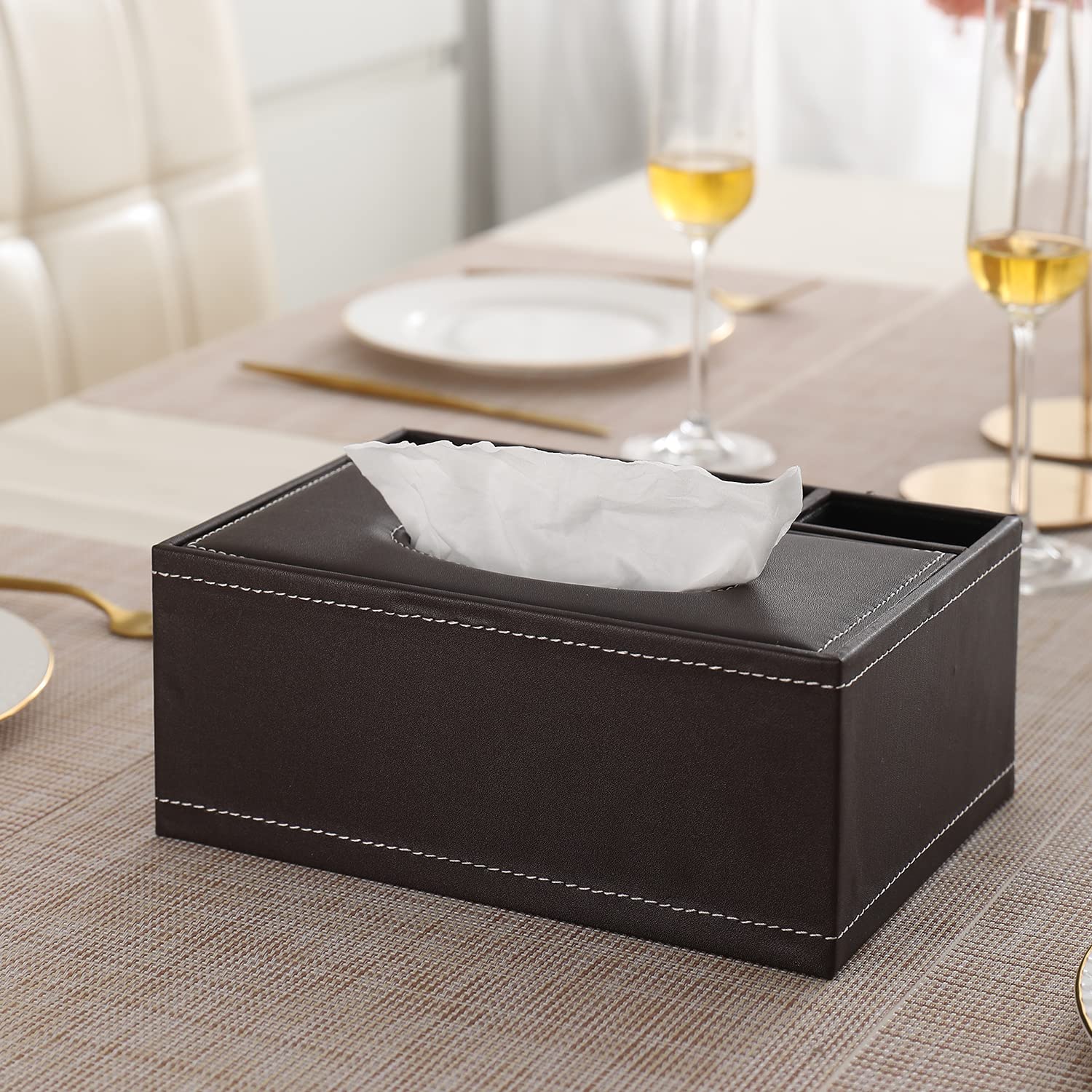 HOKIPO Faux Leather Tissue Storage Box with Compartment Remote Control Holder Desk Organizer, Brown (AR-4086-D4)