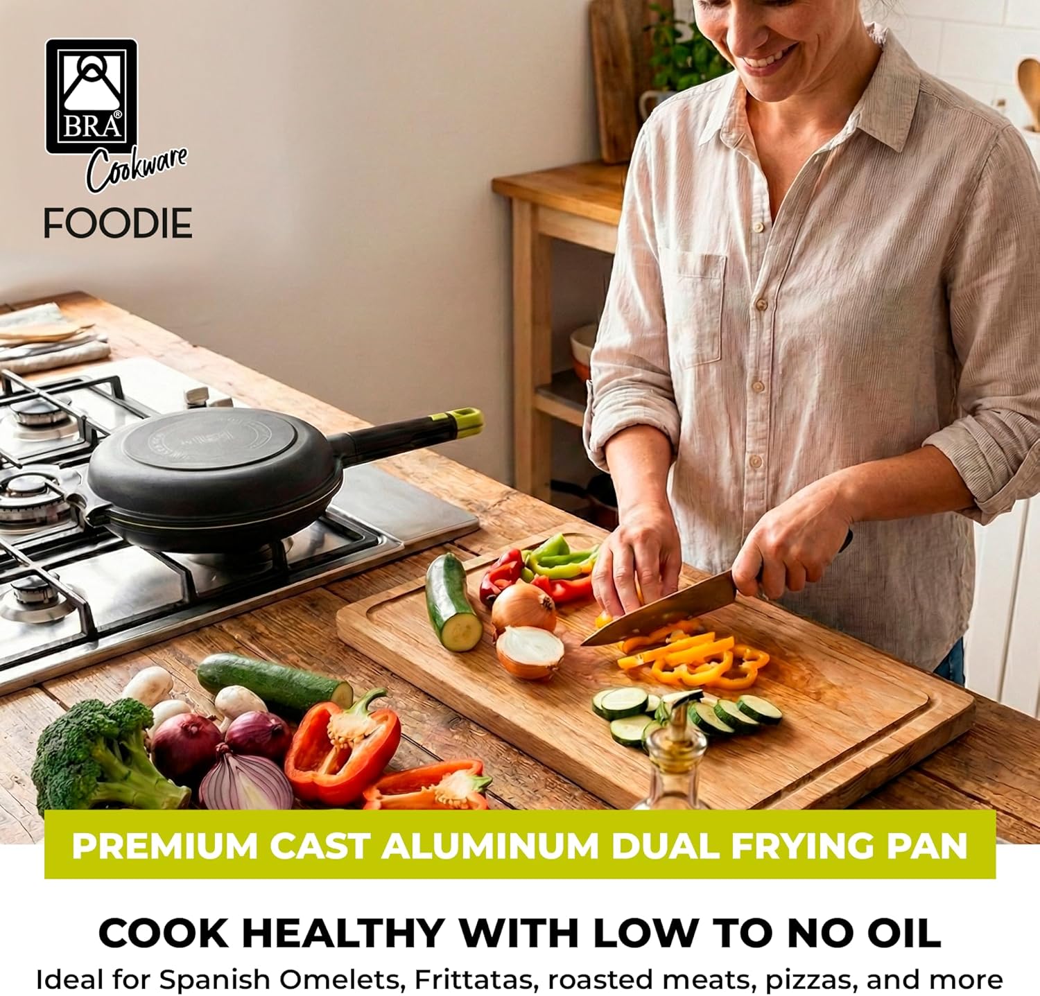 BRA COOKWARE Foodie Dual Frying Pan | 10.2 inches Double Skillet for Spanish Omelets & Frittatas | PFOA Free Triple Nonstick Coating | Full Induction Reversible Skillet | Cast Aluminum Flip Pan