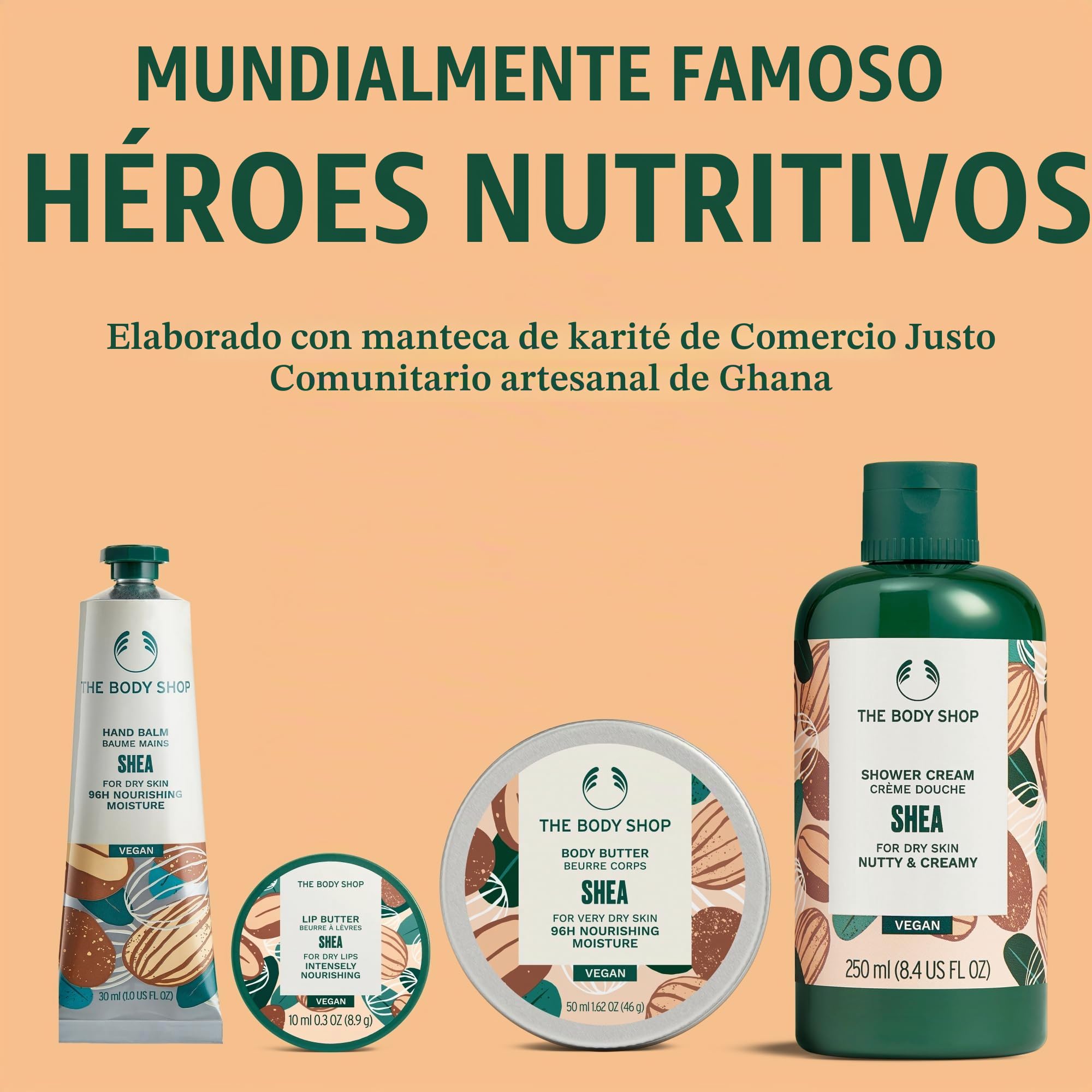 The Body Shop Shea Essentials - Juego de regalo (crema de ducha de 250 ml + mantequilla corporal de 50 ml + mantequilla de labios de 10 ml + bálsamo de manos de 30 ml), colección nutritiva de manteca