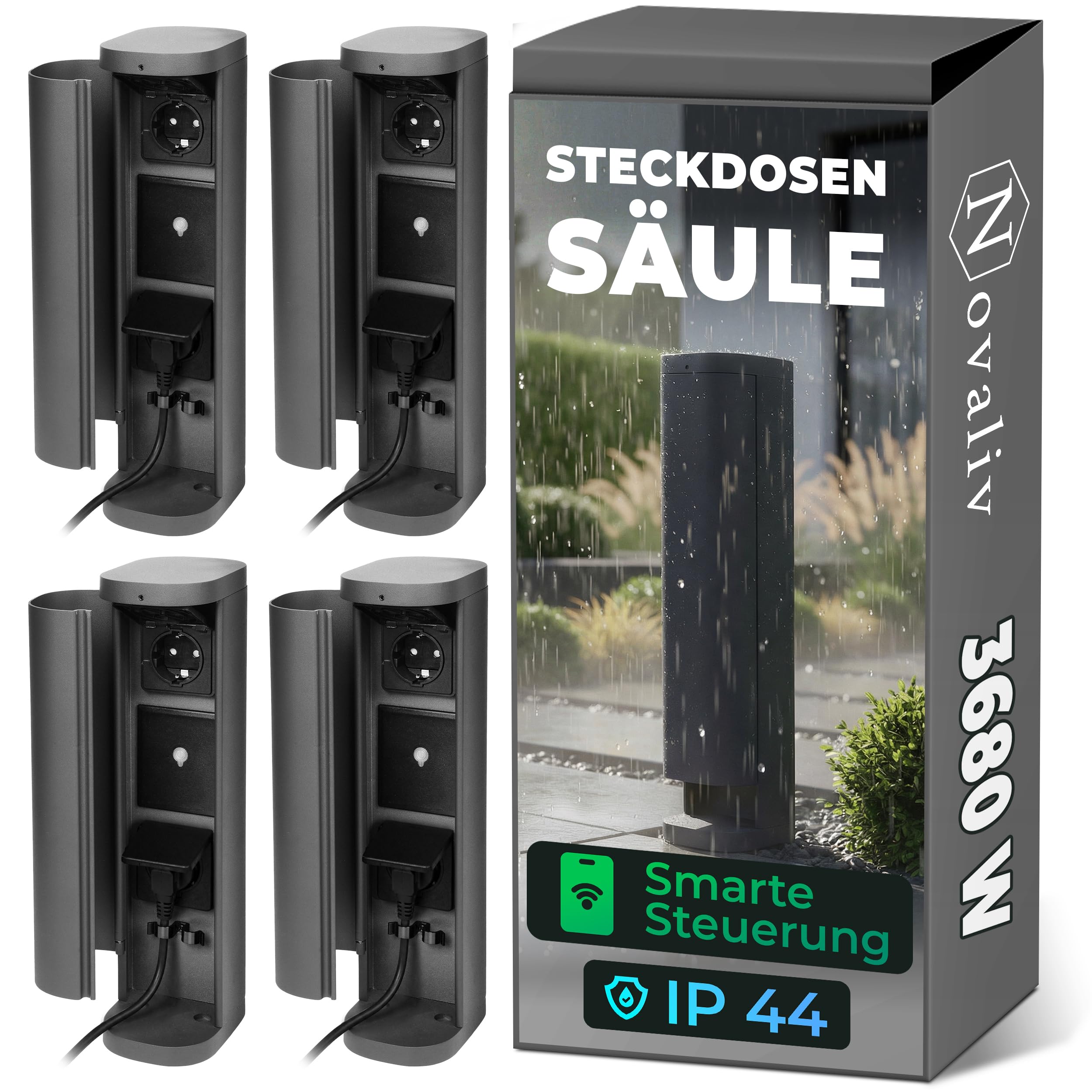 Novatool 4x Gartensteckdose Funk 2-fach Anthrazit SMART WIFI APP IP44 Steckdose rund Aussen Gartensteckdose Outdoor Steckdosesäule Garten Steckdosenturm