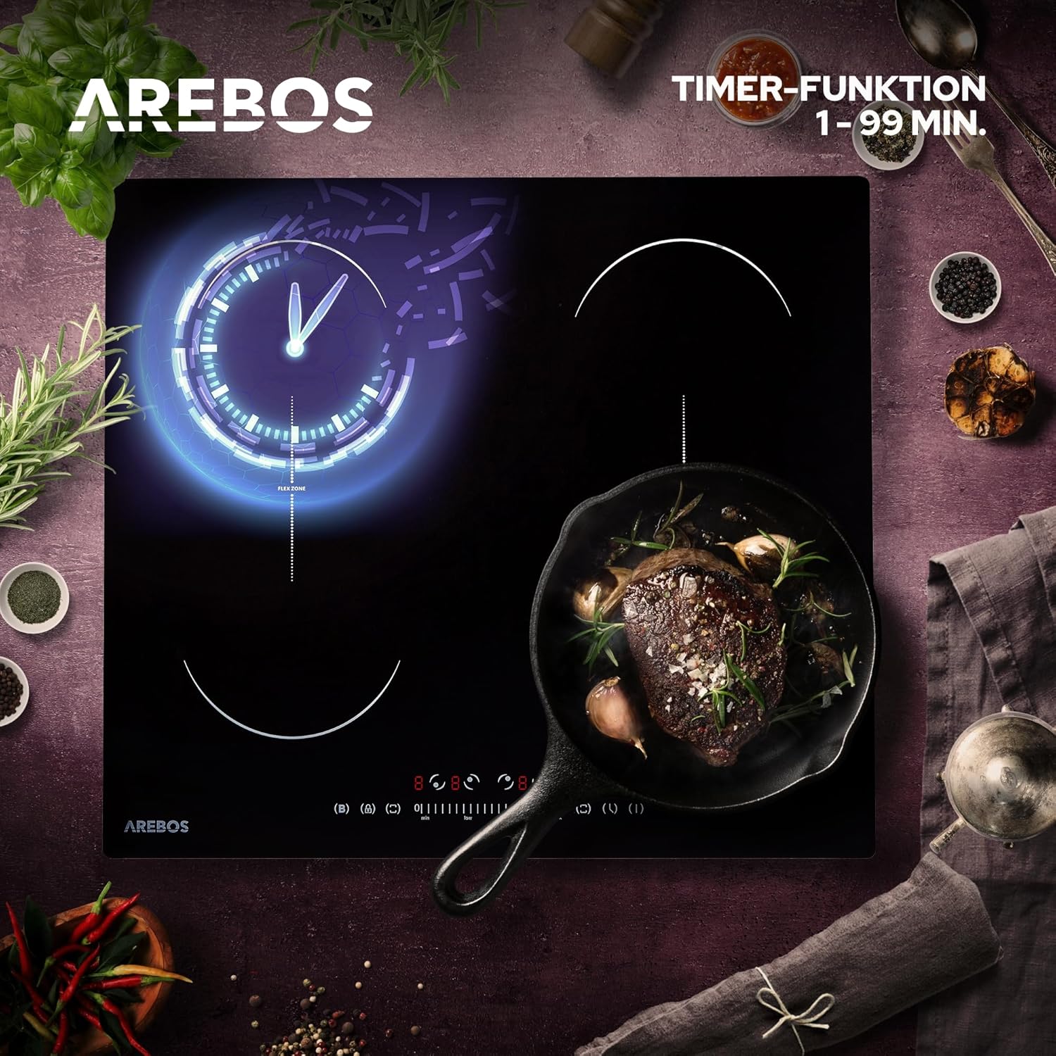 AREBOS Induction Hob Timer Function