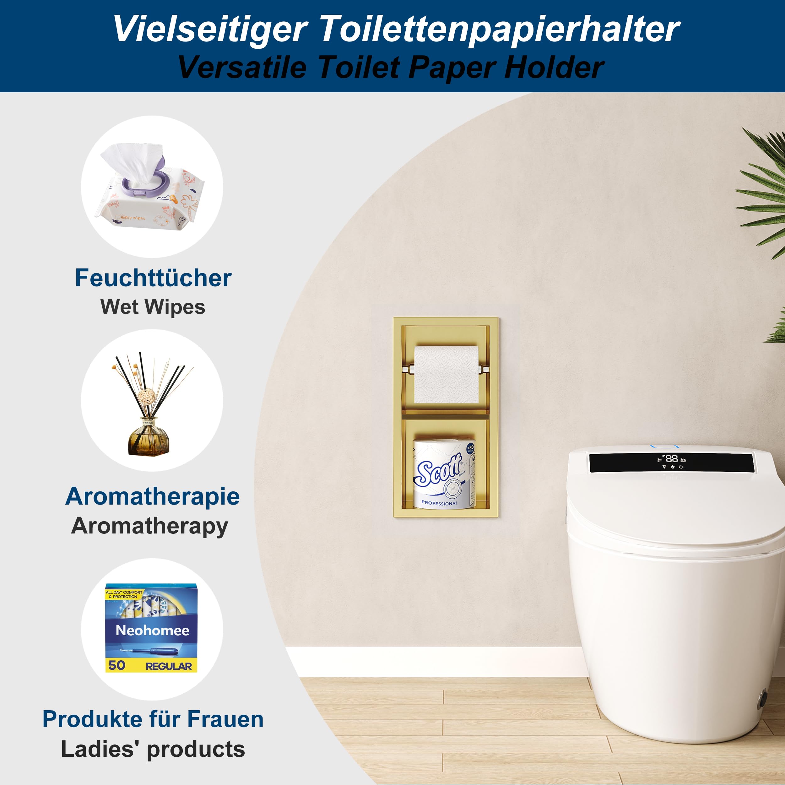Neodrain Armadio Da Incasso Bagno In Acciaio Inox Nero – Porta Rotoli E Scopino – 63x15x15 Cm – Push To Open