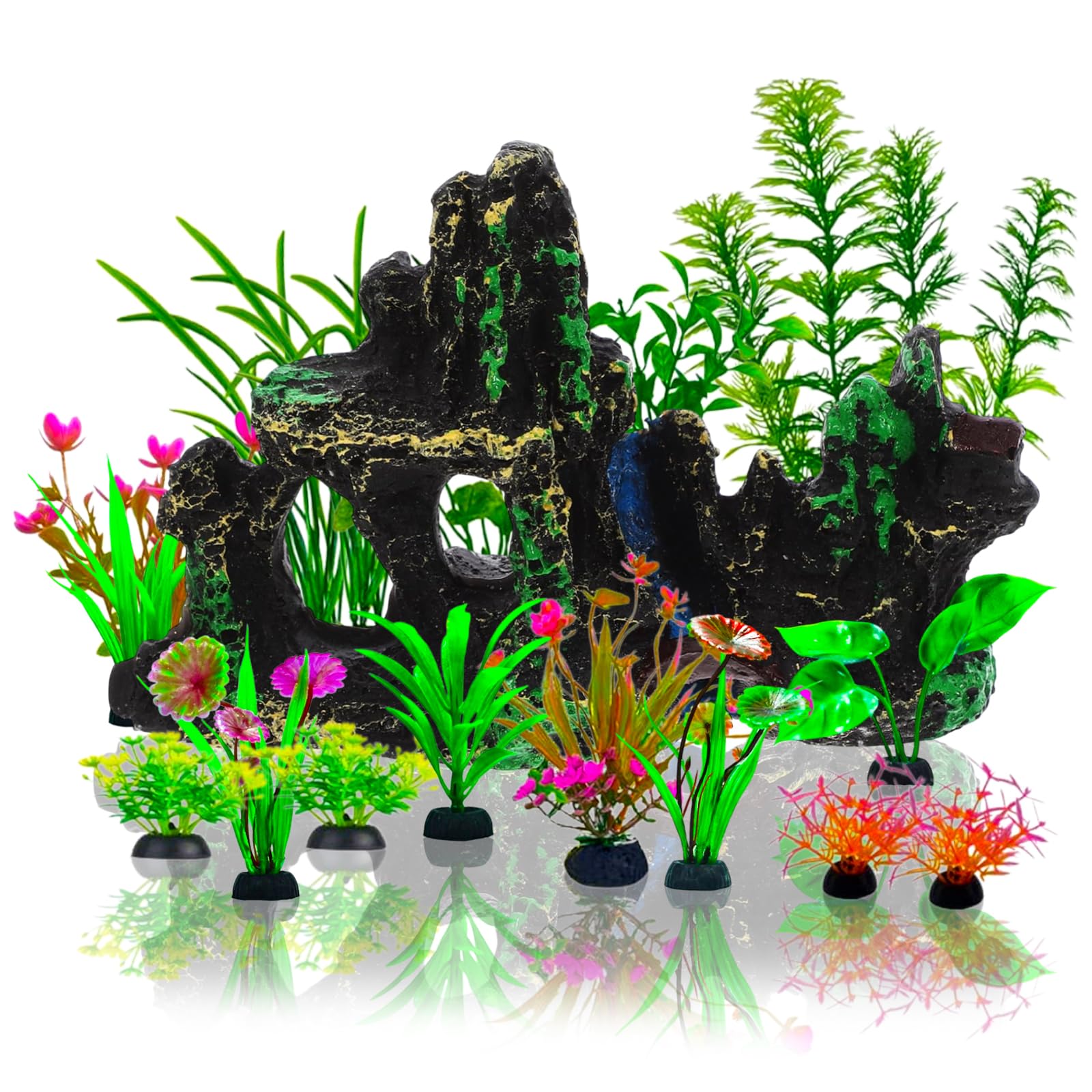 Uoxmiy 17 PCS Fish Tank Decorations Fish Tank Plants Artificial Accessories Aquarium Ornaments Green Plants Easy to Clean Aquarium Decor with Resinous Rockery