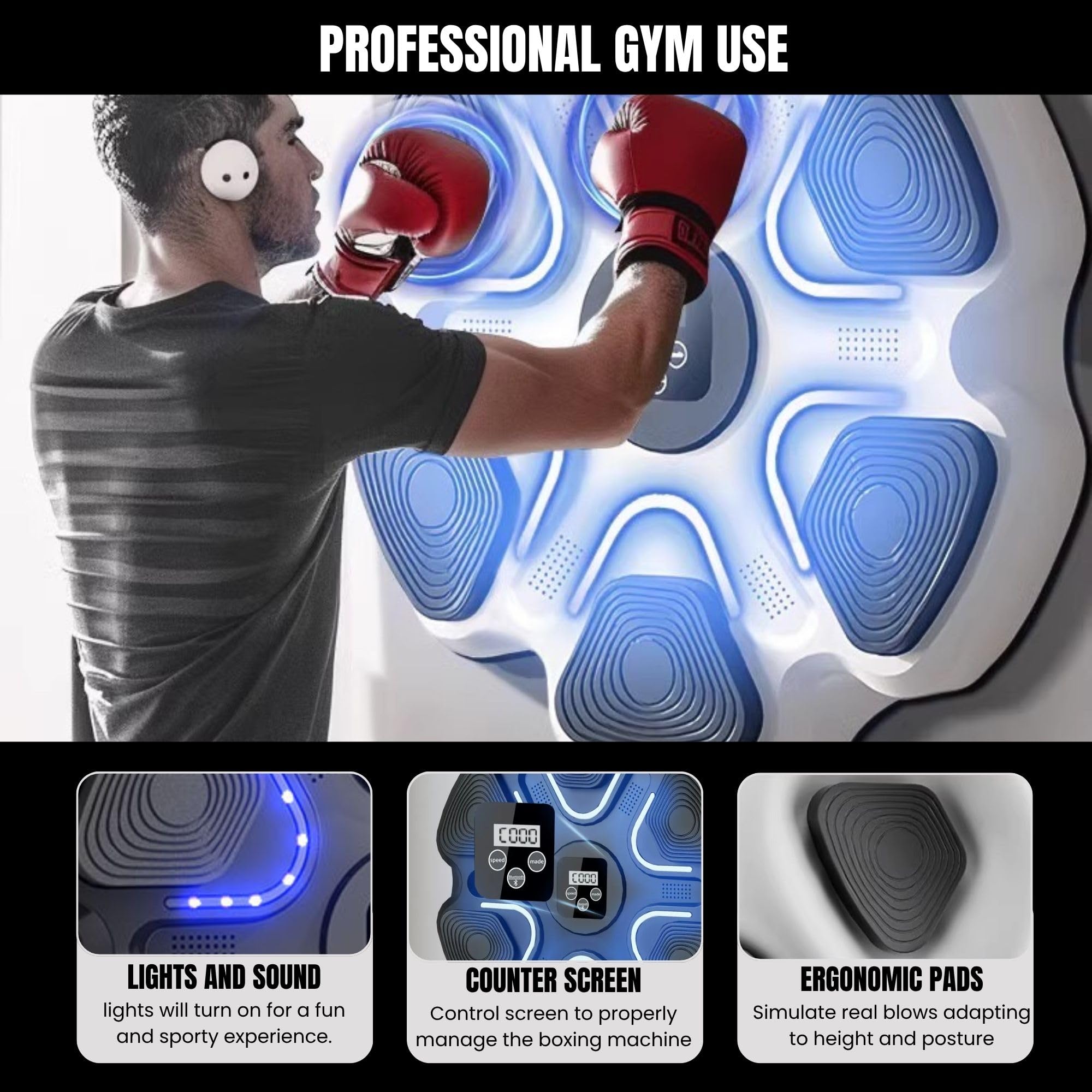 Máquina de Entrenamiento de Boxeo Musical. Equipo de Boxeo para Pared con LED, Guantes de Boxeo, Bluetooth y Luces al Ritmo de la Música. Maquina de Boxeo para Niños/Adultos. (9 modos, 37x37 cm)