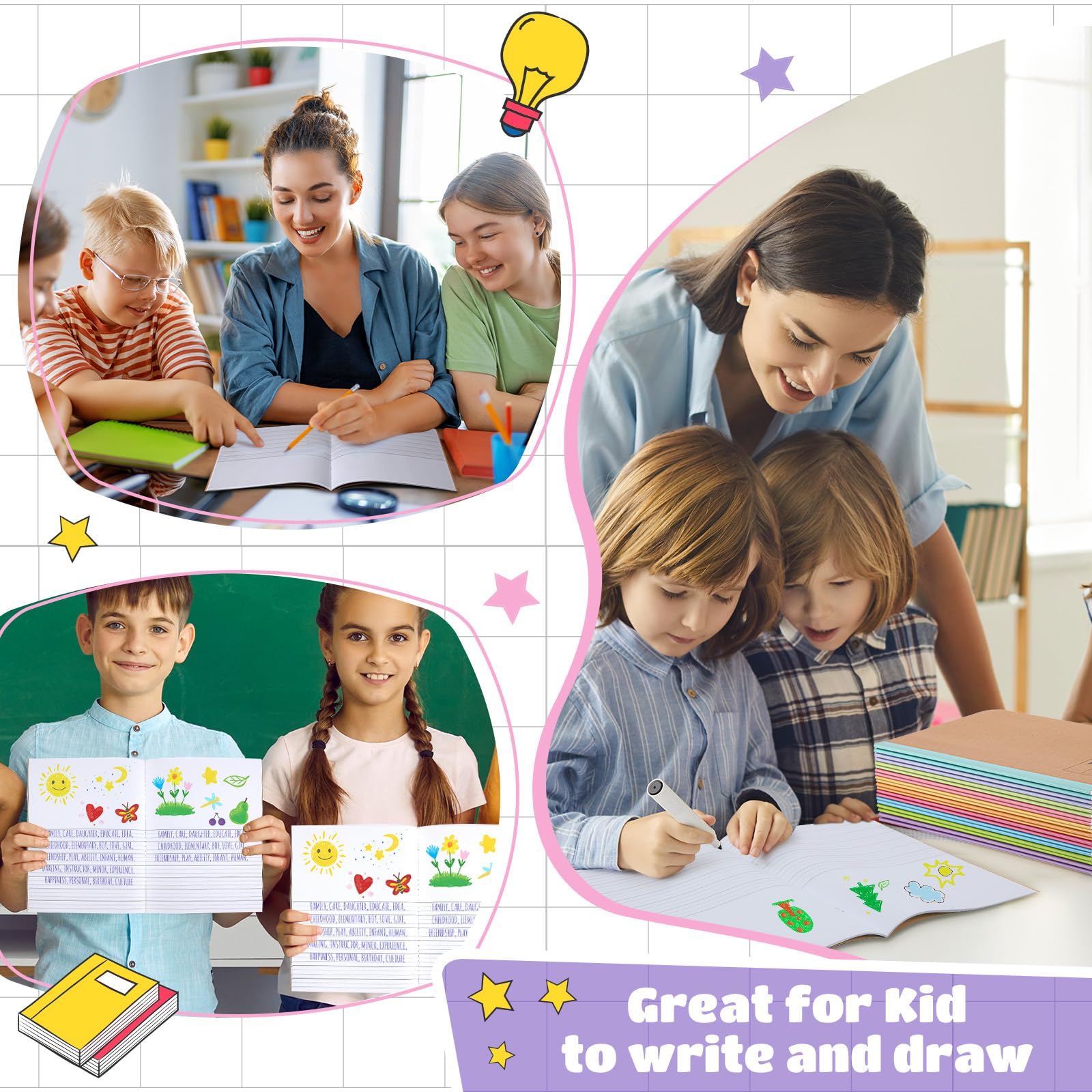 Henoyso Lot de 60 carnets de composition primaire de 24 x 19 cm pour enfants, fournitures scolaires, carnet d'écriture primaire K-2 pour enfants, étudiants, dessiner et écrire des histoires (couleur