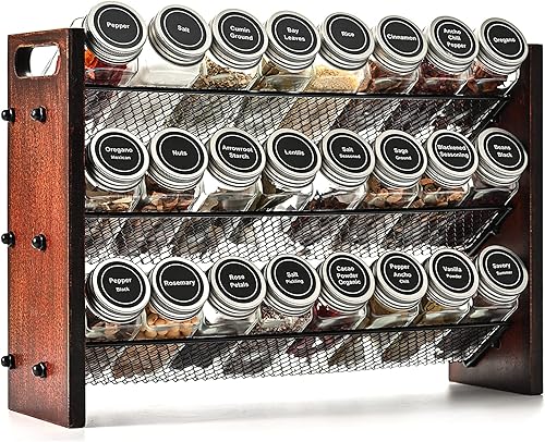 Roykoota Estante para especias, organizador de especias sin tarros de condimentos, estante de especias de madera, estante rústico de 3 niveles para