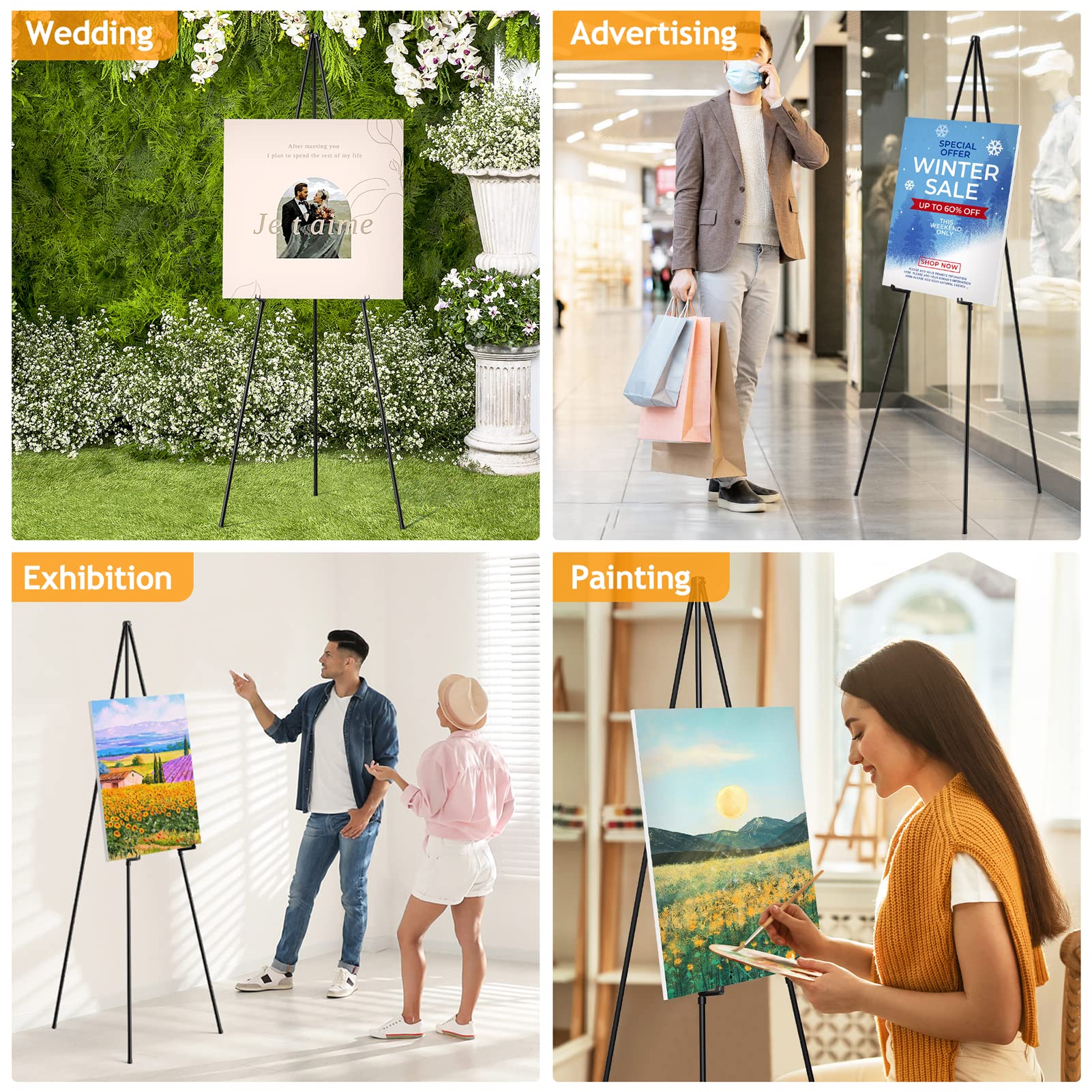 Display Artist Easel Stands - 63" Instant Tripod Collapsible Portable Floor Easels - Easy Folding Adjustable Art Poster Metal Stands for Display Show, Wedding, Painting - Black 2pack