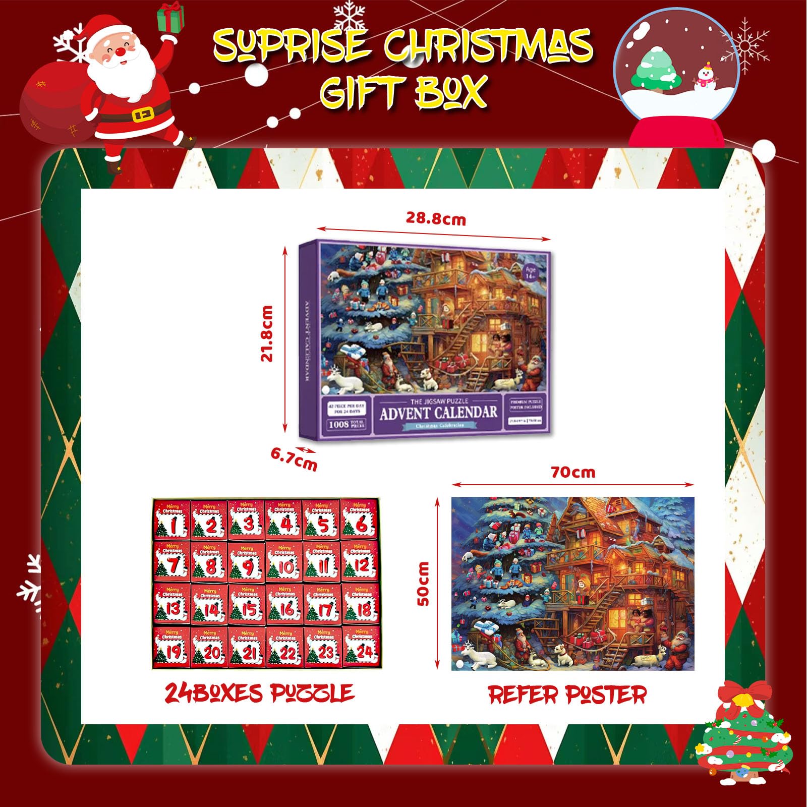 POPOYU świąteczny kalendarz adwentowy na rok 2024, puzzle dla dzieci, 24 pudełka na 24 dni, 68 x 48 cm, 1008 sztuk, puzzle świąteczne, kalendarz z odliczaniem dla dorosłych i dzieci, na prezent