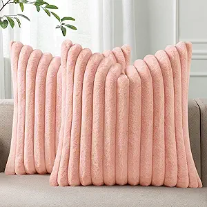 Pallene Faux Fur Plush Throw Pillow Covers 16x16 Set of 2, Luxury Soft Fluffy Striped Decorative Pillow Covers for Sofa, Couch, Living Room, Pink
