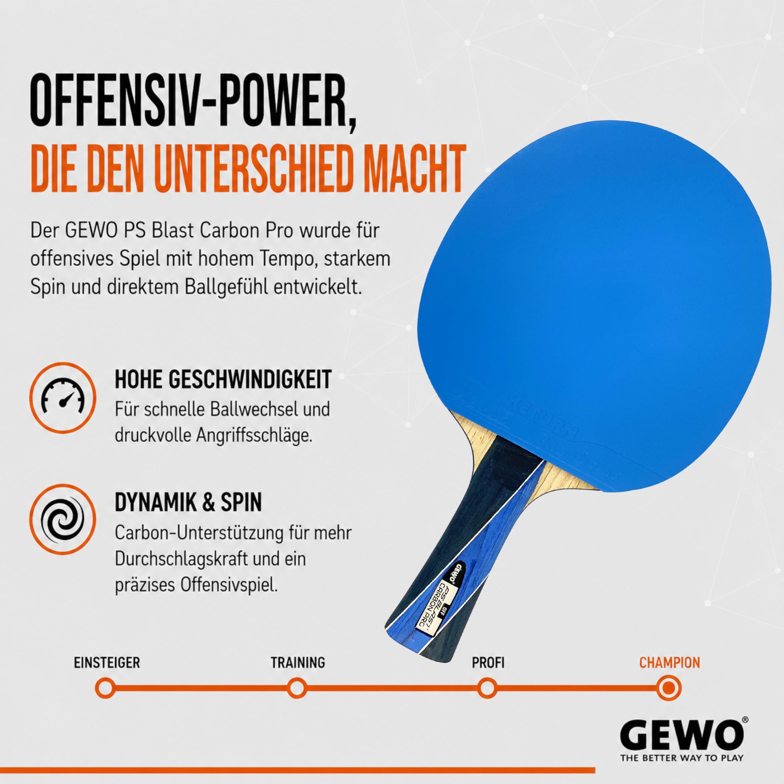 GEWO PS Blast Carbon Pro rakieta do tenisa stołowego, profesjonalna rakieta do tenisa stołowego z certyfikatem ITTF, rakieta karbonowa z szybką powłoką GEWO Return Pro o wysokich właściwościach