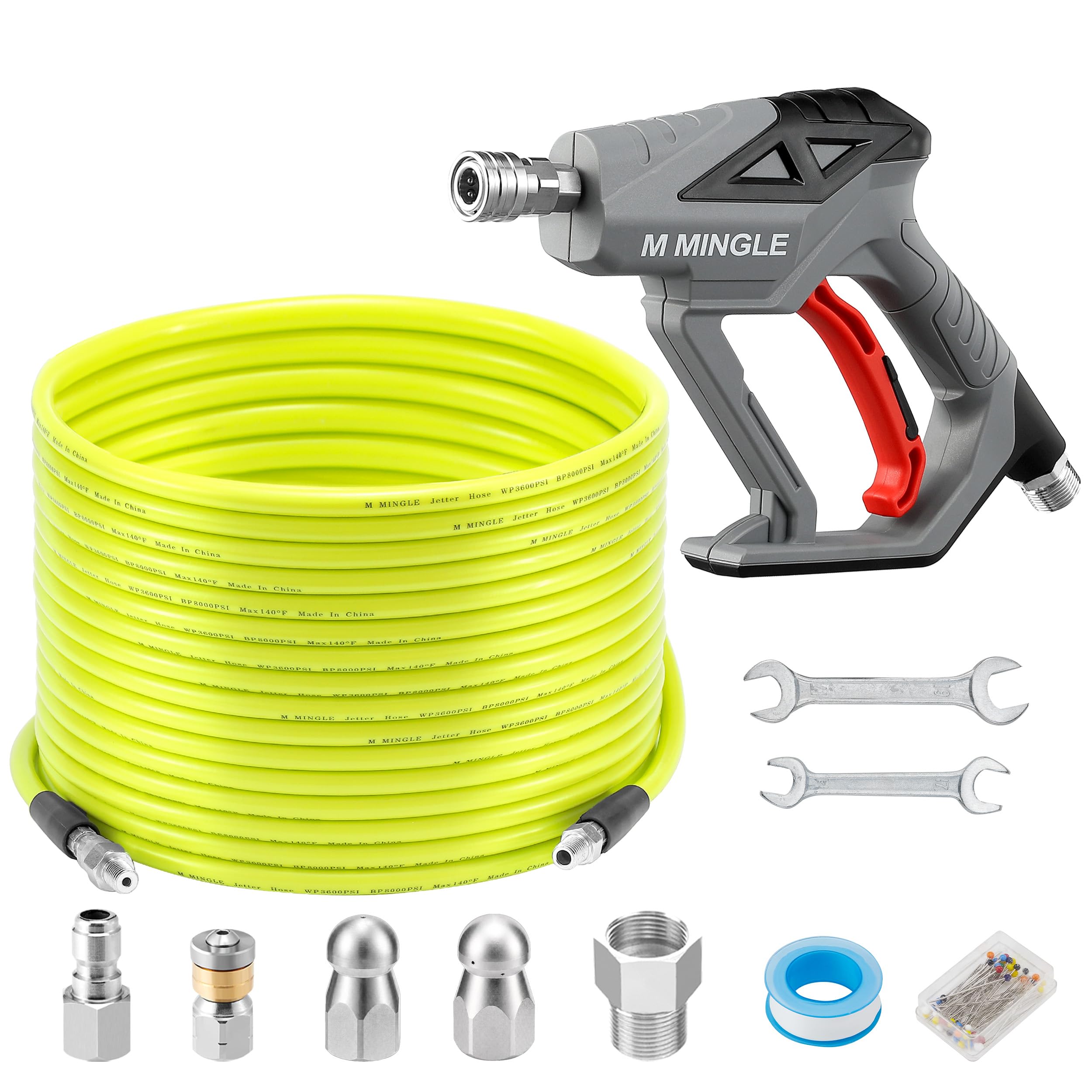 M MINGLE Kit de chorro de alcantarillado para lavadora a presión de 100 pies, manguera limpiadora de drenaje con pistola de lavado eléctrica, rotación de esquina NPT de 1/4 pulgadas y boquilla de