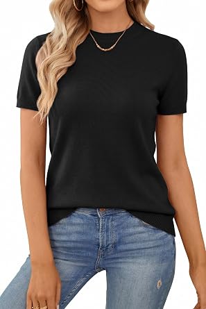 QUALFORT Womens Short Sleeve Sweater Knit Top | Soft Lightweight Viscose Knit, Breathable Stretch, Business Casual Style, Spring Summer Wear, Easy Tuck or Untucked Styling