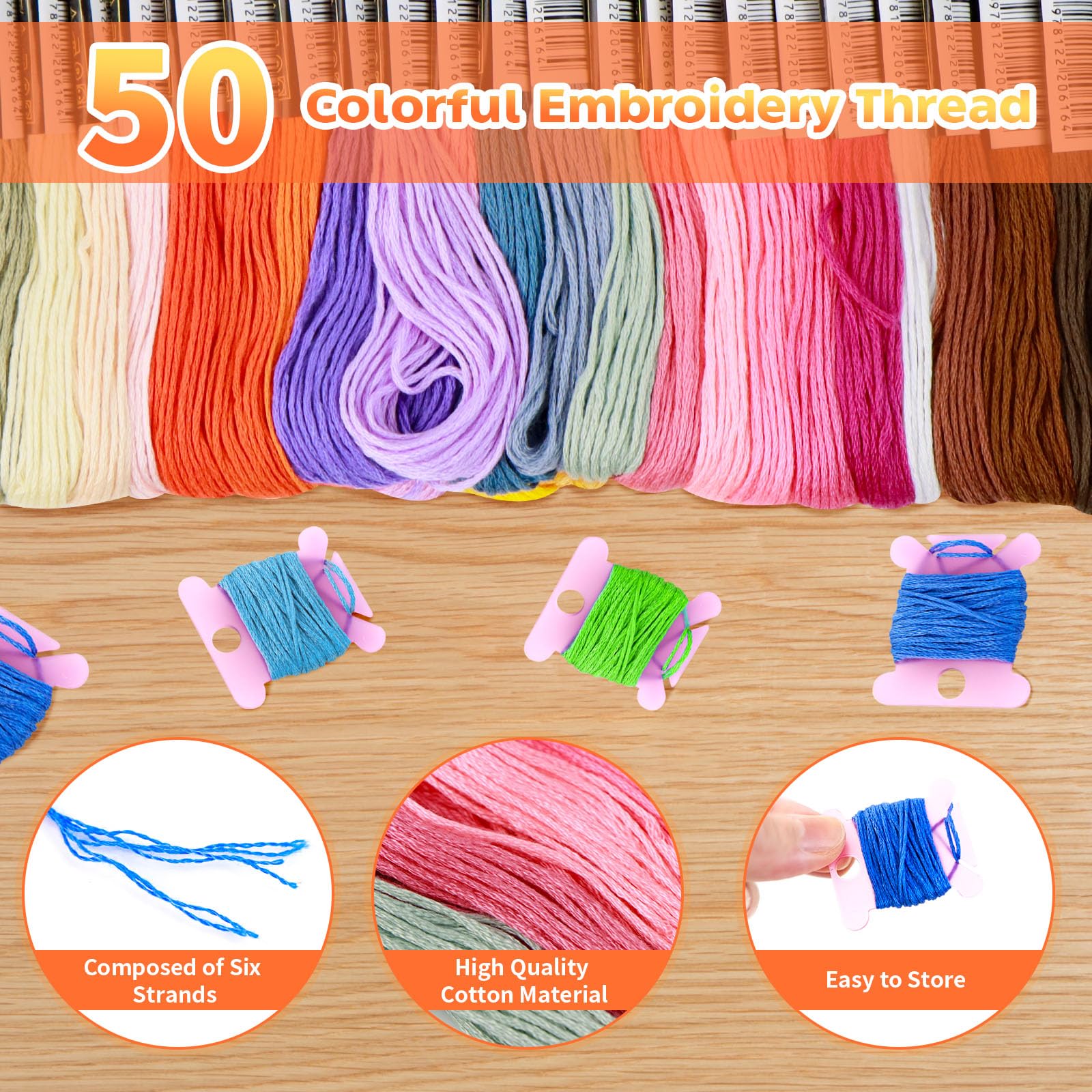 Kit De Démarrage Broderie 3 Pièces Pour Adultes - 50 Couleurs Fils, Cercles Et Tissus DIY