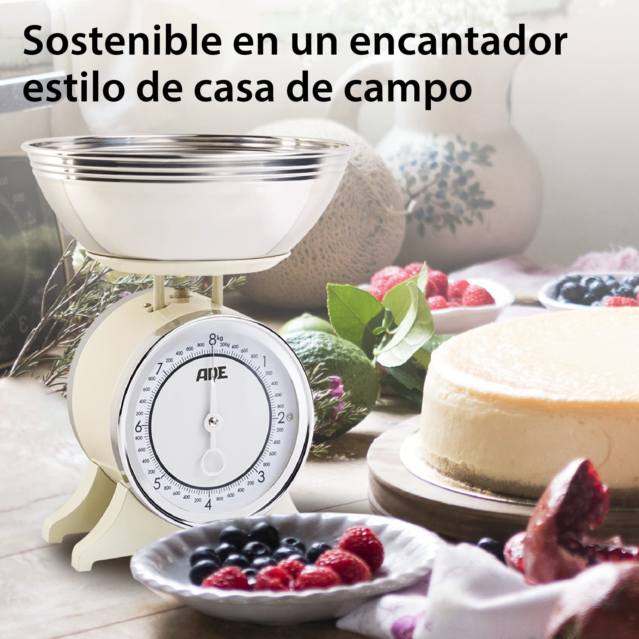 ADE Báscula de cocina mecánica classica | báscula de bol analógica de estilo rústico fabricada en metal | bol de acero inoxidable | báscula de cocina manual precisa hasta 8 kg | color crema