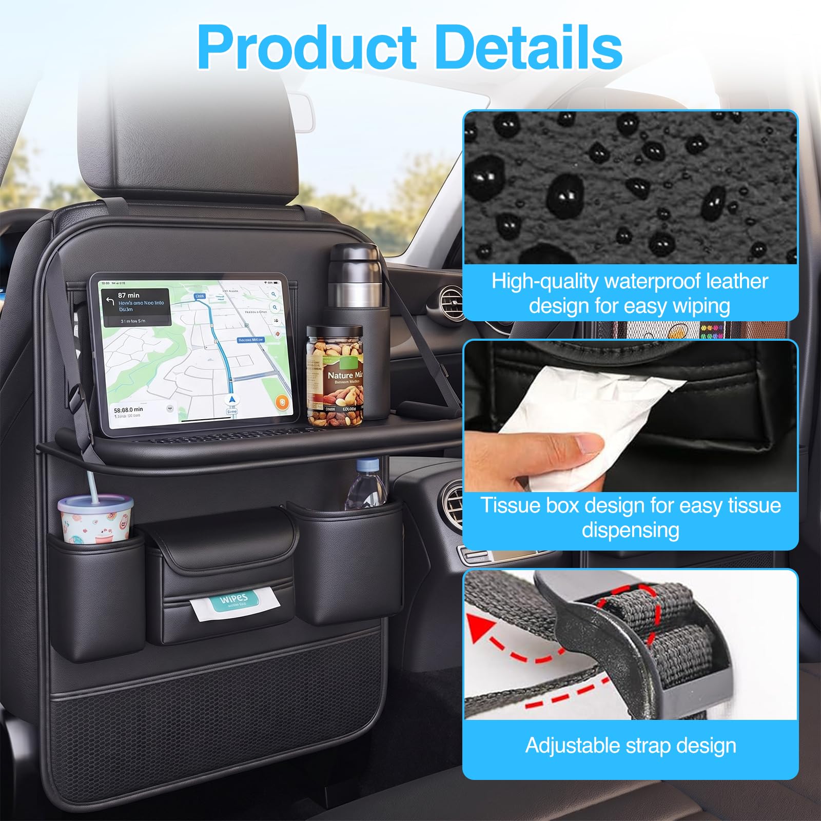 Confezione da 2 organizer per sedile posteriore dell'auto, in pelle, con vassoio pieghevole, grande organizer con vassoio pieghevole e tasca con supporto per tablet, per riporre in ordine giocattoli e