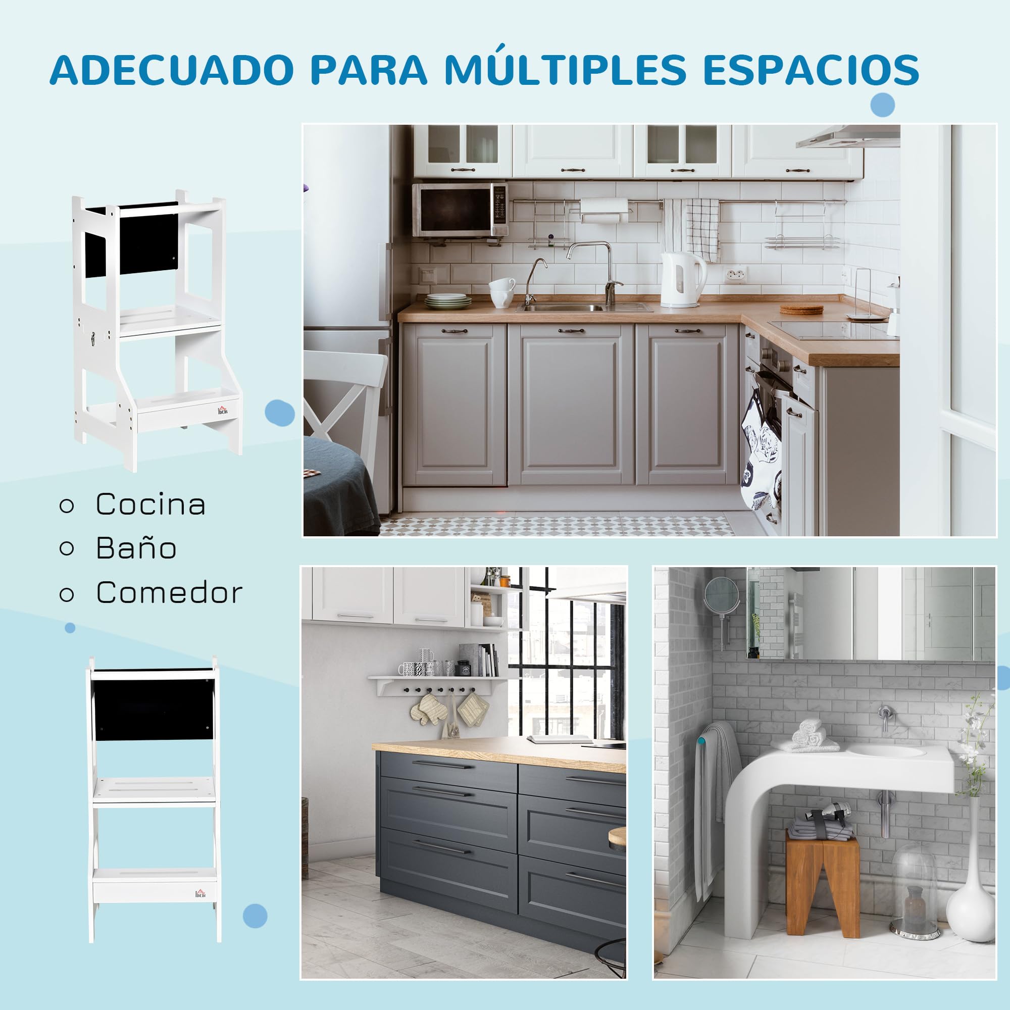 HOMCOM Torre de Aprendizaje 2 en 1 Taburete de Aprendizaje para Niños de +3 Años Convertible en Escritorio con Pizarra y Barra de Seguridad 42x44x86 cm Gris