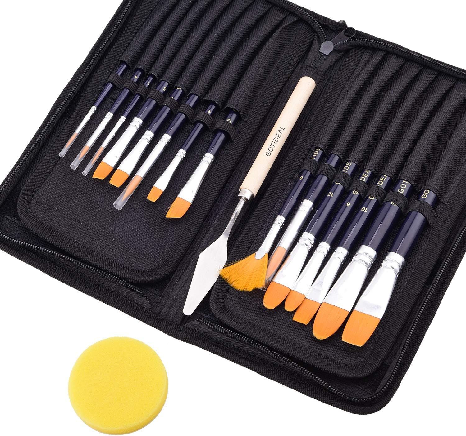 GOTIDEAL Artist Paint Brush Set,15 Pcs assorted brushes with Portable Carrying Case,Palette Knife,Sponge,Suitable for Acrylic, Watercolor, Oil and Gouache Painting,Perfect Paint Brush for Kids & Adult