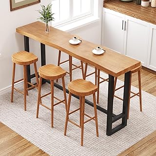 47in Solid Wood Live Edge Bar Table - Bar Height Pub Table with Built-in Footrest, Solid Wood Top & Sturdy Metal Legs for Kitchen, Dining & Bistro Spaces