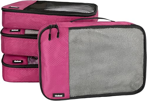 Vista 2 de Cubos de embalaje para artículos esenciales de viaje, juego de 4 cubos de embalaje para maletas, bolsa organizadora de equipaje de malla ligera, rosa