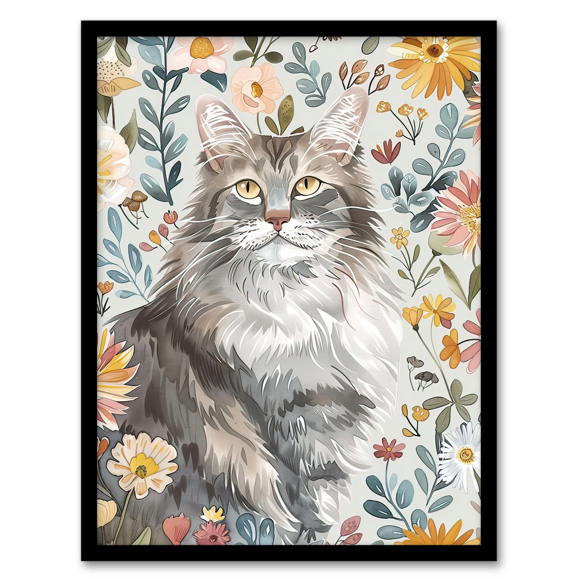 Artery8 Cat Lover Maine Coon Boho Floral Pet Portrait Living Room Artwork Framed Wall Art Print A4