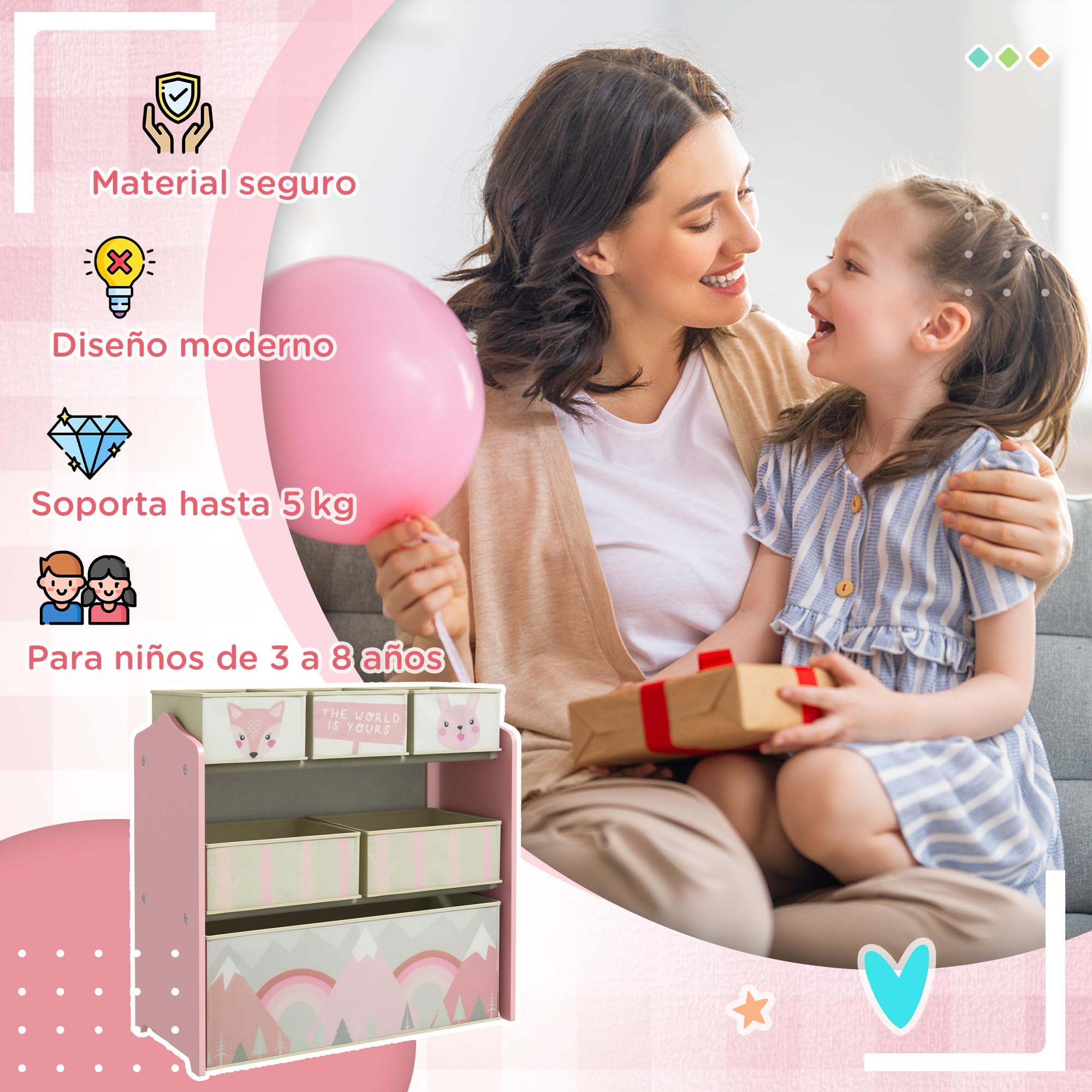 ZONEKIZ Estantería Infantil para Juguetes con 6 Cajas de Tela no Tejida Extraíbles Organizador Juguetes para Niños de 3-8 Años para Dormitorio Guardería 63x30x66 cm Rosa
