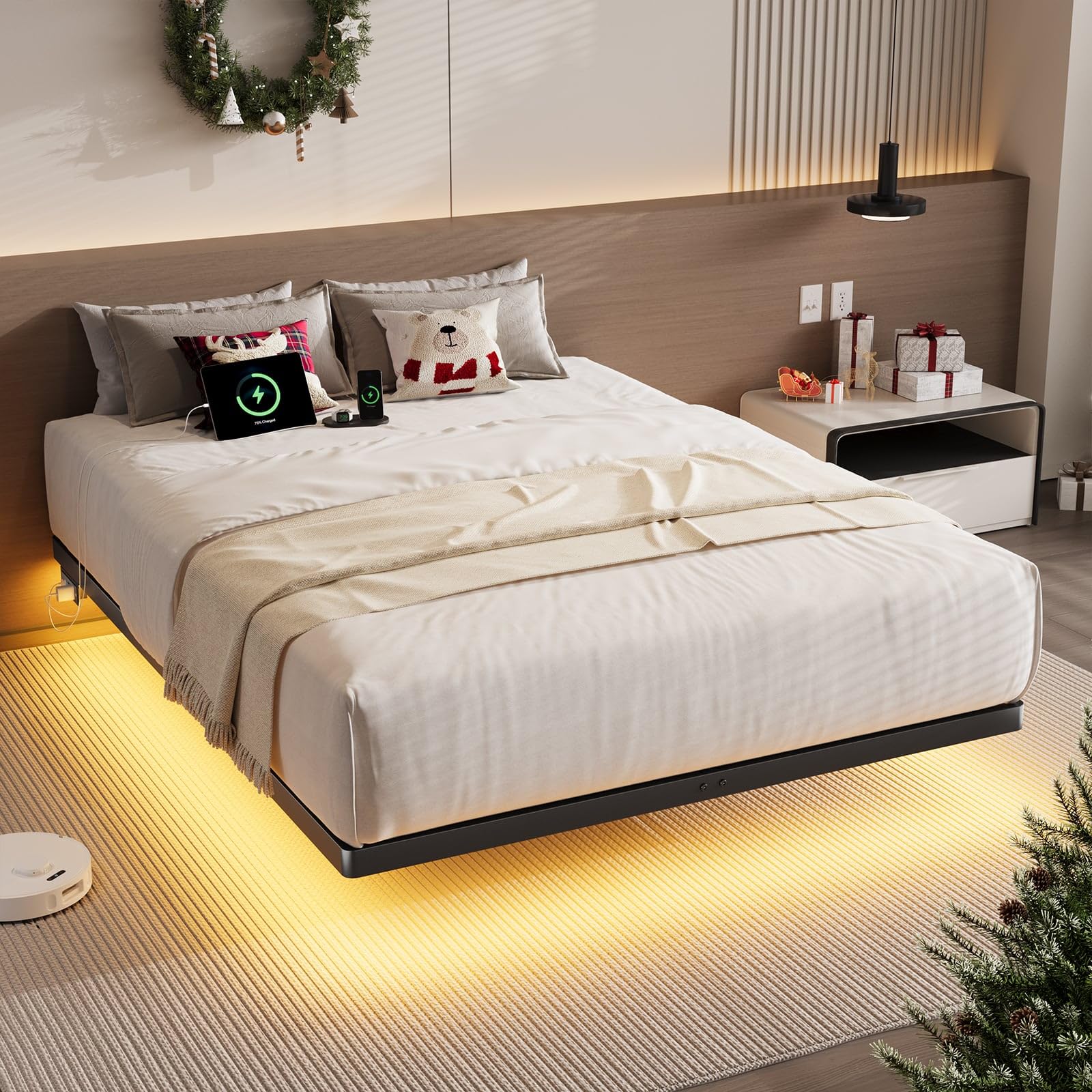 ONBRILL Queen Size Floating Bed Frame with USB Charging Station and Smart LED Lights, Heavy Duty Metal Platform Bed with Underbed Storage Space, Easy to Assemble, Noise-Free, No Box Spring Needed