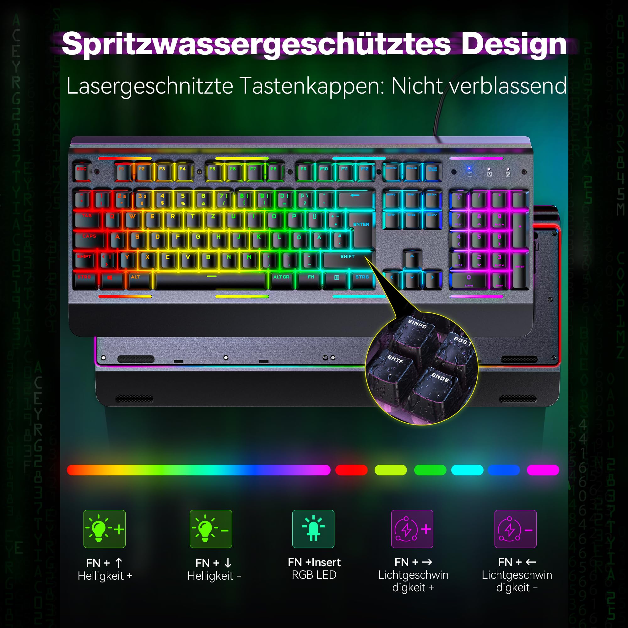 TECKNET RGB Gaming Tastatur mit Vollmetall-Gehäuse, Membrantastatur [Deutsches Layout] 105 Tasten, ergonomische Handgelenkauflage, 25 Tasten Anti-Ghosting, 15 RGB-Modi für PC, Laptop & Office