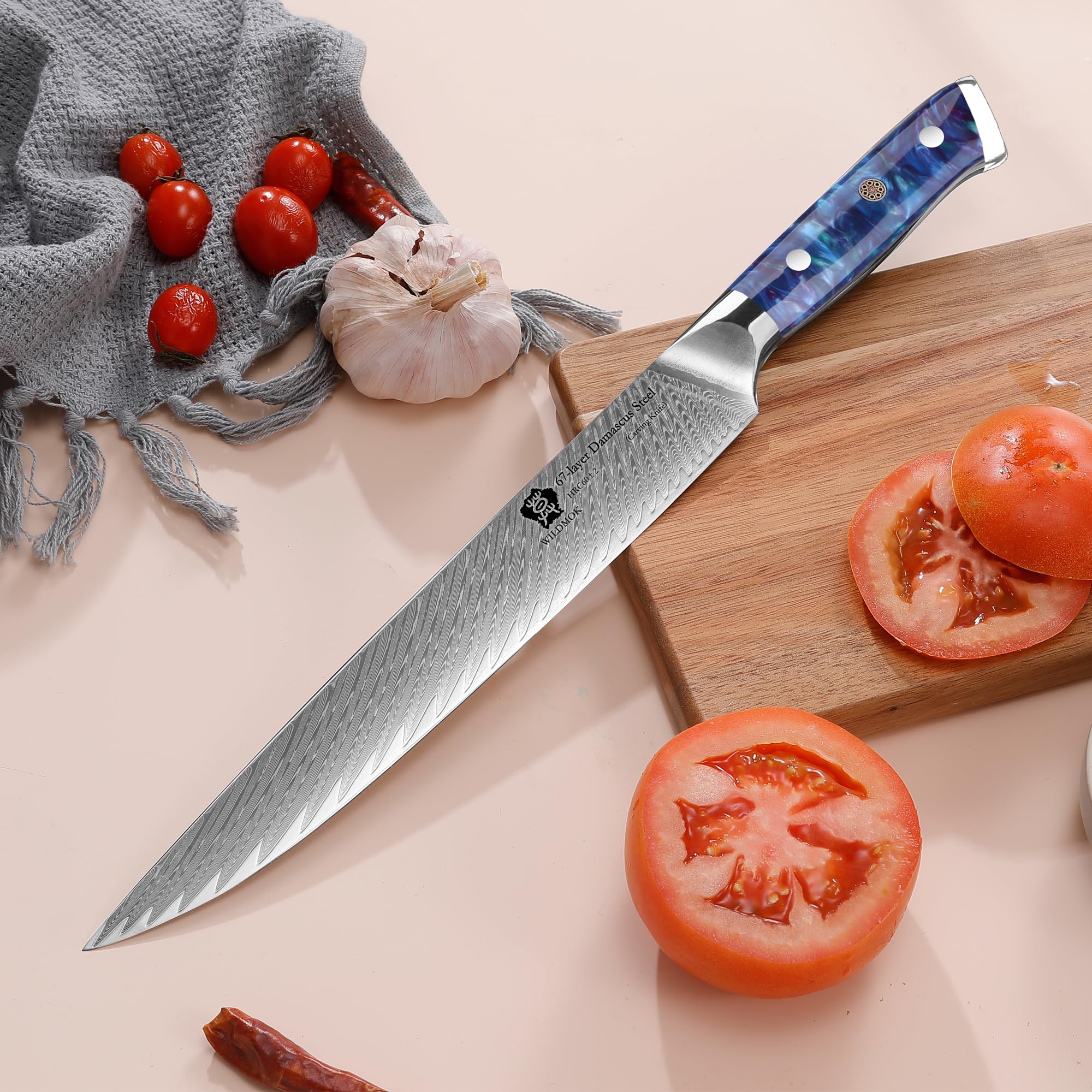 WILDMOK Cuchillo de trinchar Damasco, cuchillo de carne profesional afilado de 22cm, cuchillo de cocina multifuncional hecho de acero japonés Super VG10 con mango de espiga completa