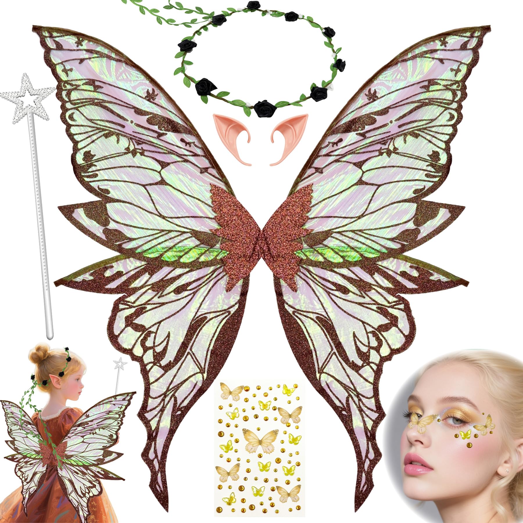 YeahBoom Children's fairy wings, butterfly wings with elf ears, fairy headband and star fairy wands, butterfly wings
