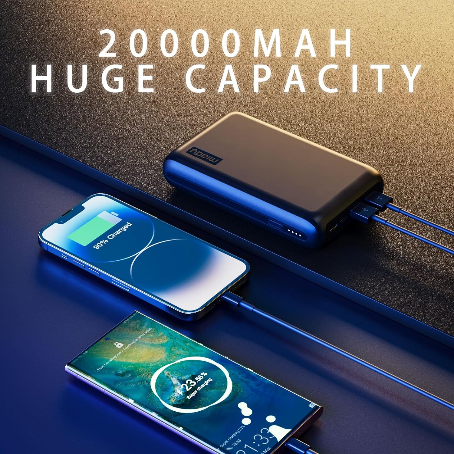 Miady Power Bank charging two phones, illustrating 20000mAh capacity