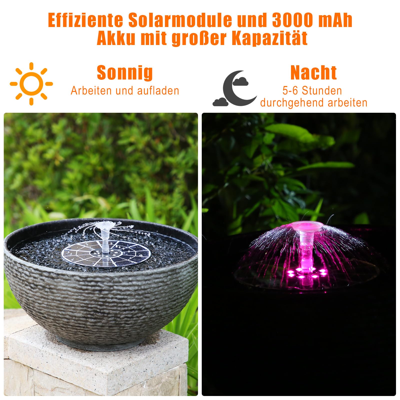 AISITIN 5,5W LED Solar Springbrunnen für Außen mit Verstellbare Stützstange Buntes Teichpumpe Solarbrunnen mit verschieden Düse, Wasserpumpe Fontäne Pumpe mit Batterie für Gartenteich,DIY Wasserspiel